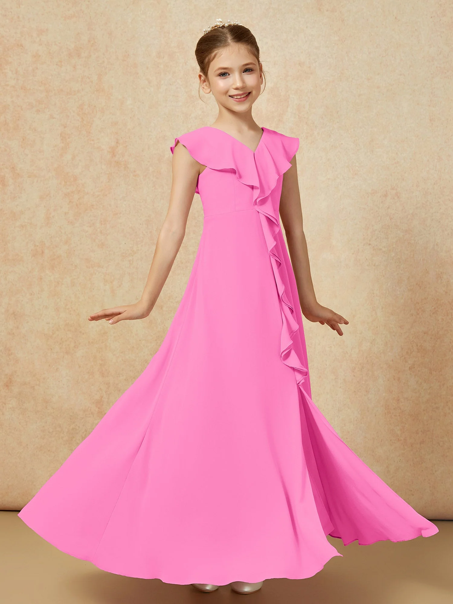 V-Ausschnitt Rüschen Chiffon Junge Brautjungfernkleider mit Schlitz Azalee - Image 3