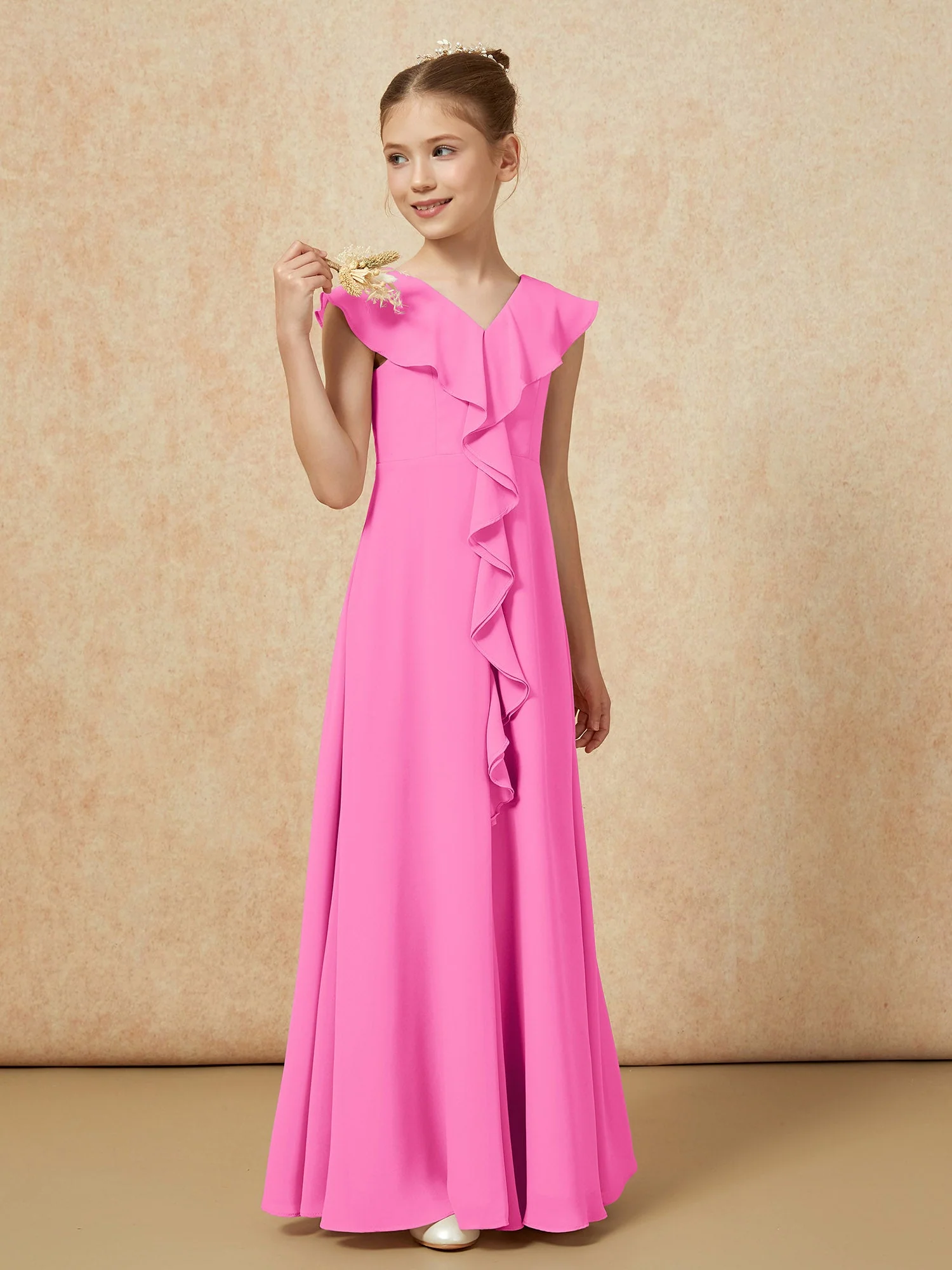 V-Ausschnitt Rüschen Chiffon Junge Brautjungfernkleider mit Schlitz Azalee - Image 4