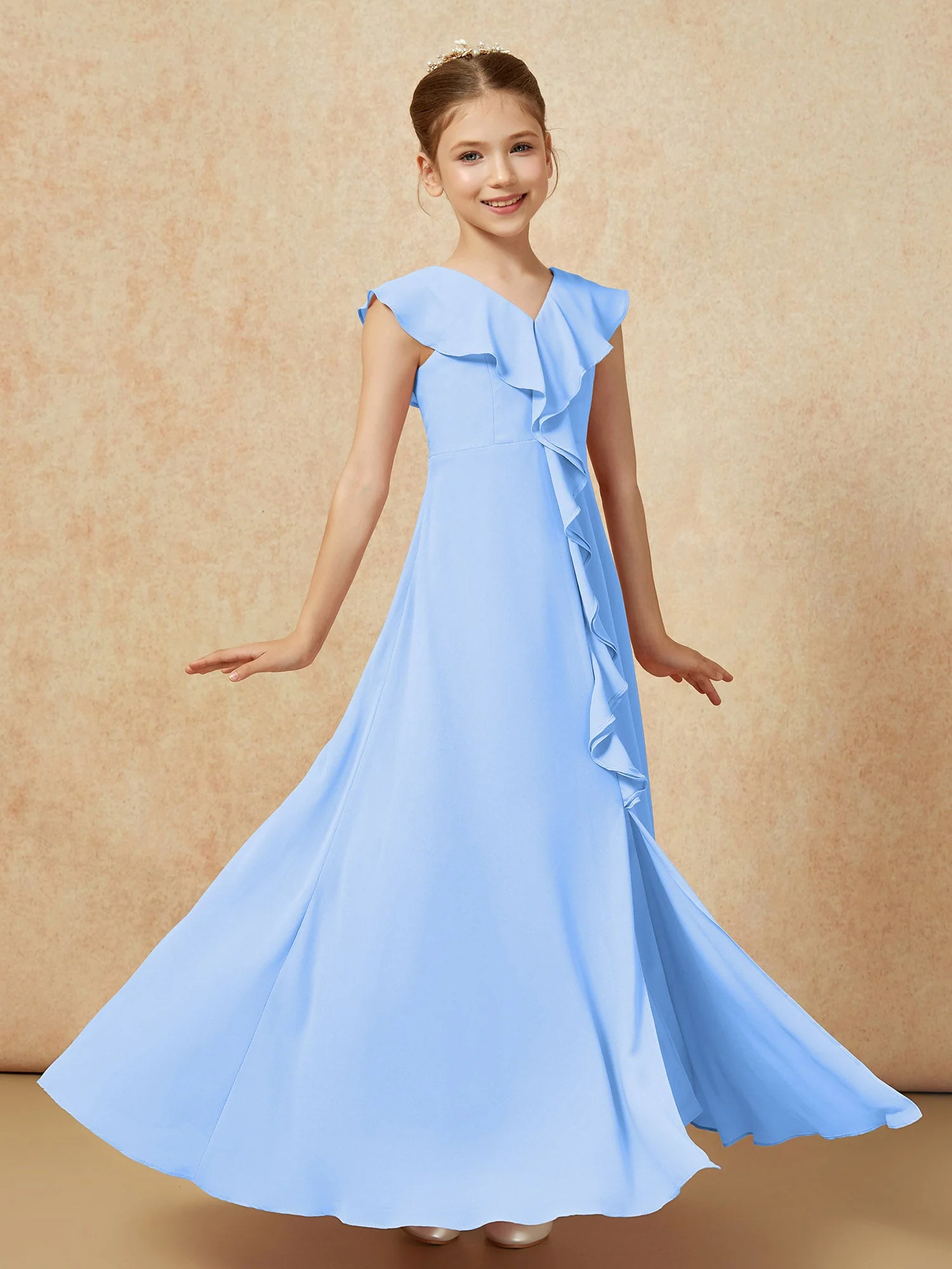 V-Ausschnitt Rüschen Chiffon Junge Brautjungfernkleider mit Schlitz Blau - Image 3