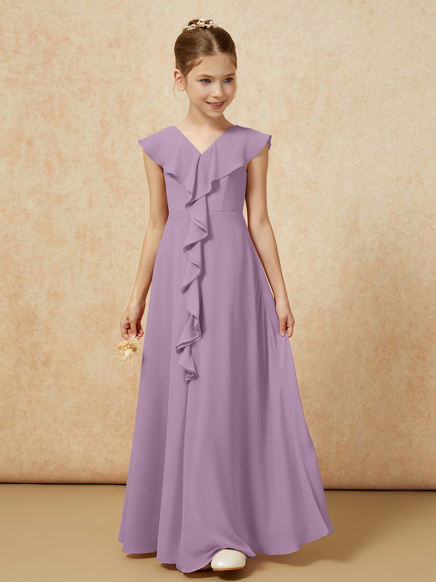 V-Ausschnitt Rüschen Chiffon Junge Brautjungfernkleider mit Schlitz Blauregen - Image 5
