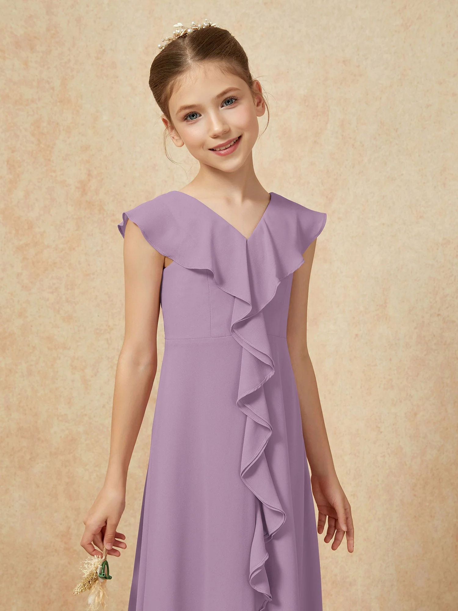 V-Ausschnitt Rüschen Chiffon Junge Brautjungfernkleider mit Schlitz Blauregen - Image 6