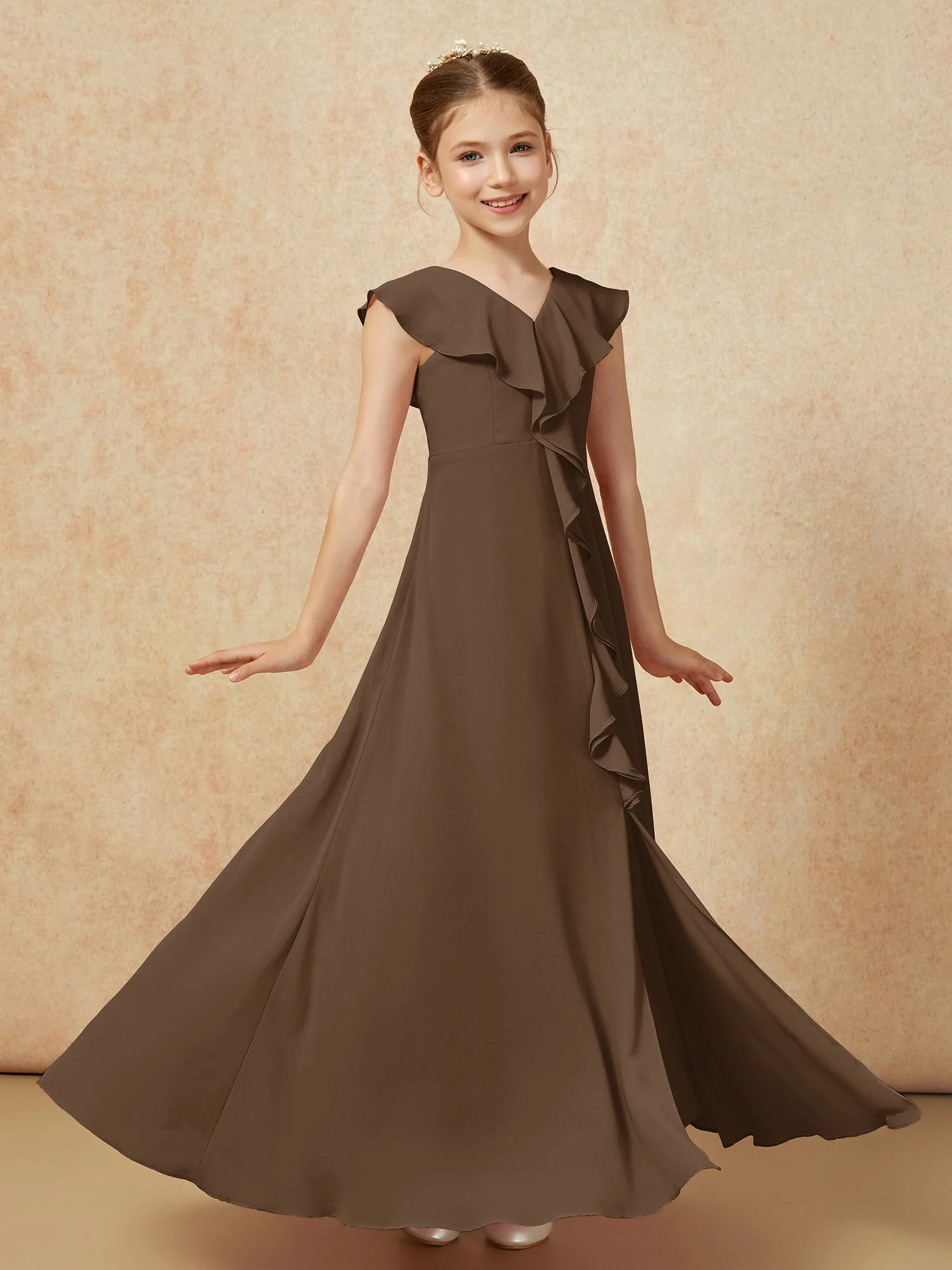 V-Ausschnitt Rüschen Chiffon Junge Brautjungfernkleider mit Schlitz Braun - Image 3