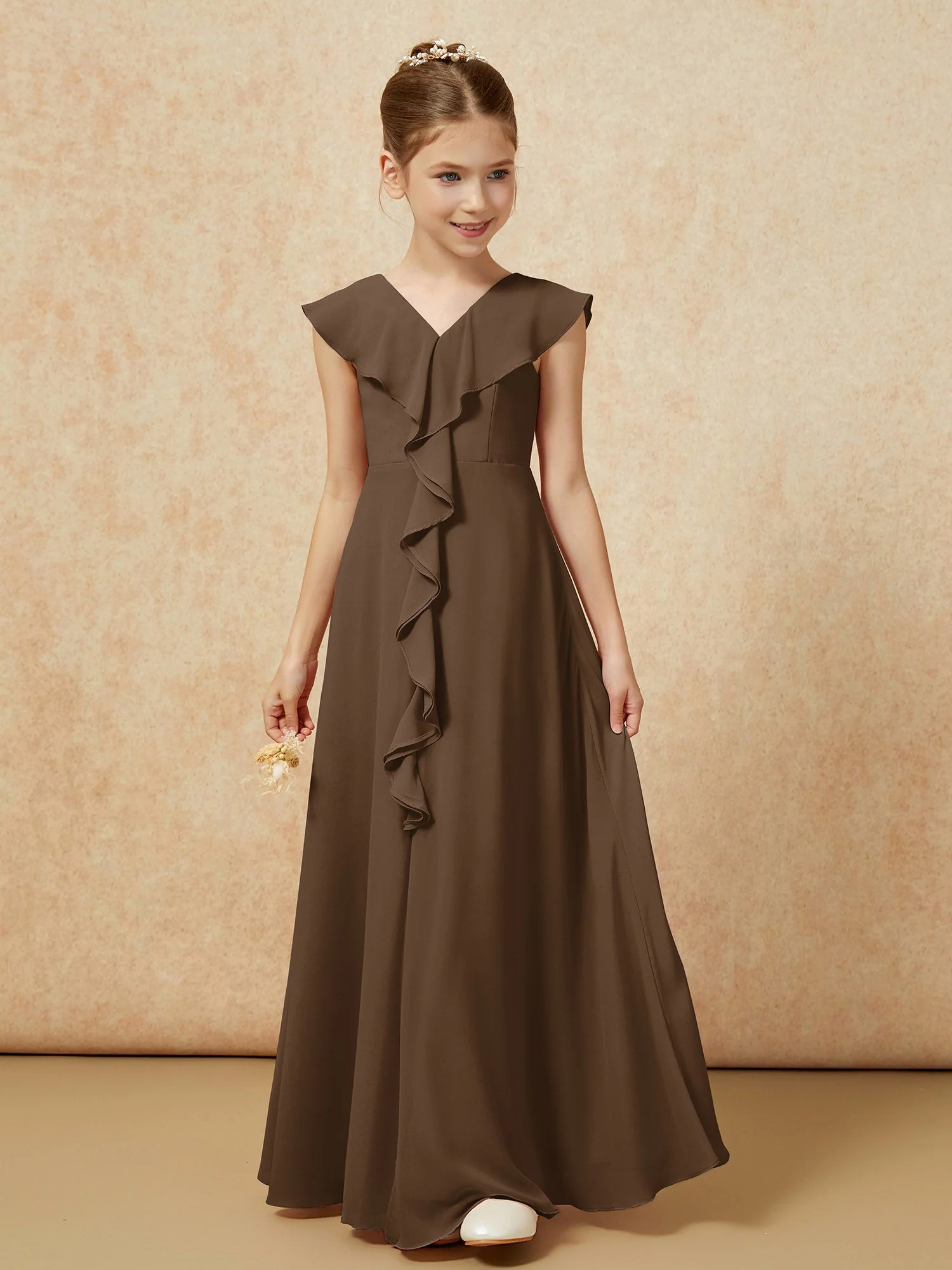 V-Ausschnitt Rüschen Chiffon Junge Brautjungfernkleider mit Schlitz Braun - Image 5