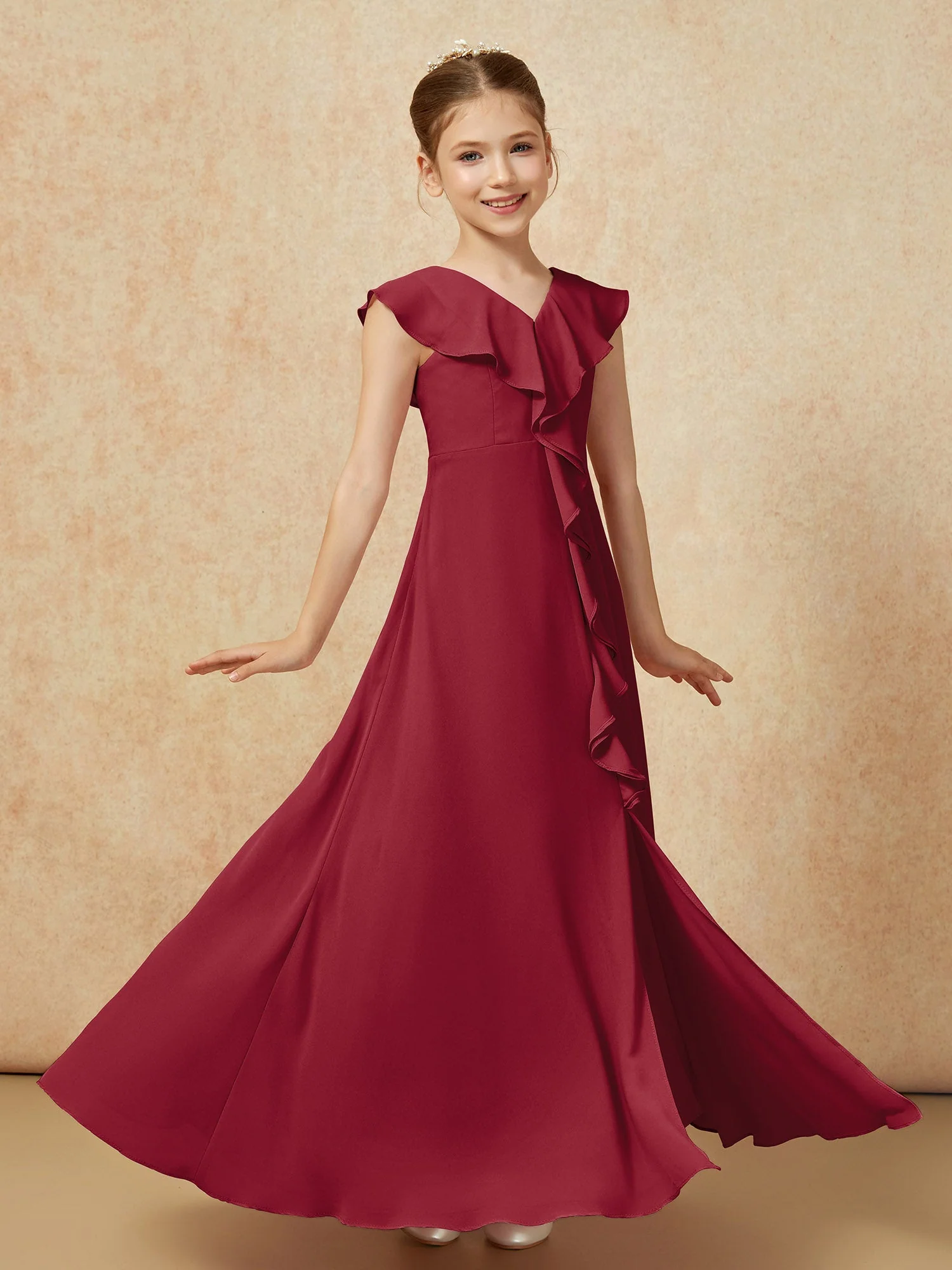 V-Ausschnitt Rüschen Chiffon Junge Brautjungfernkleider mit Schlitz Burgunderrot - Image 3