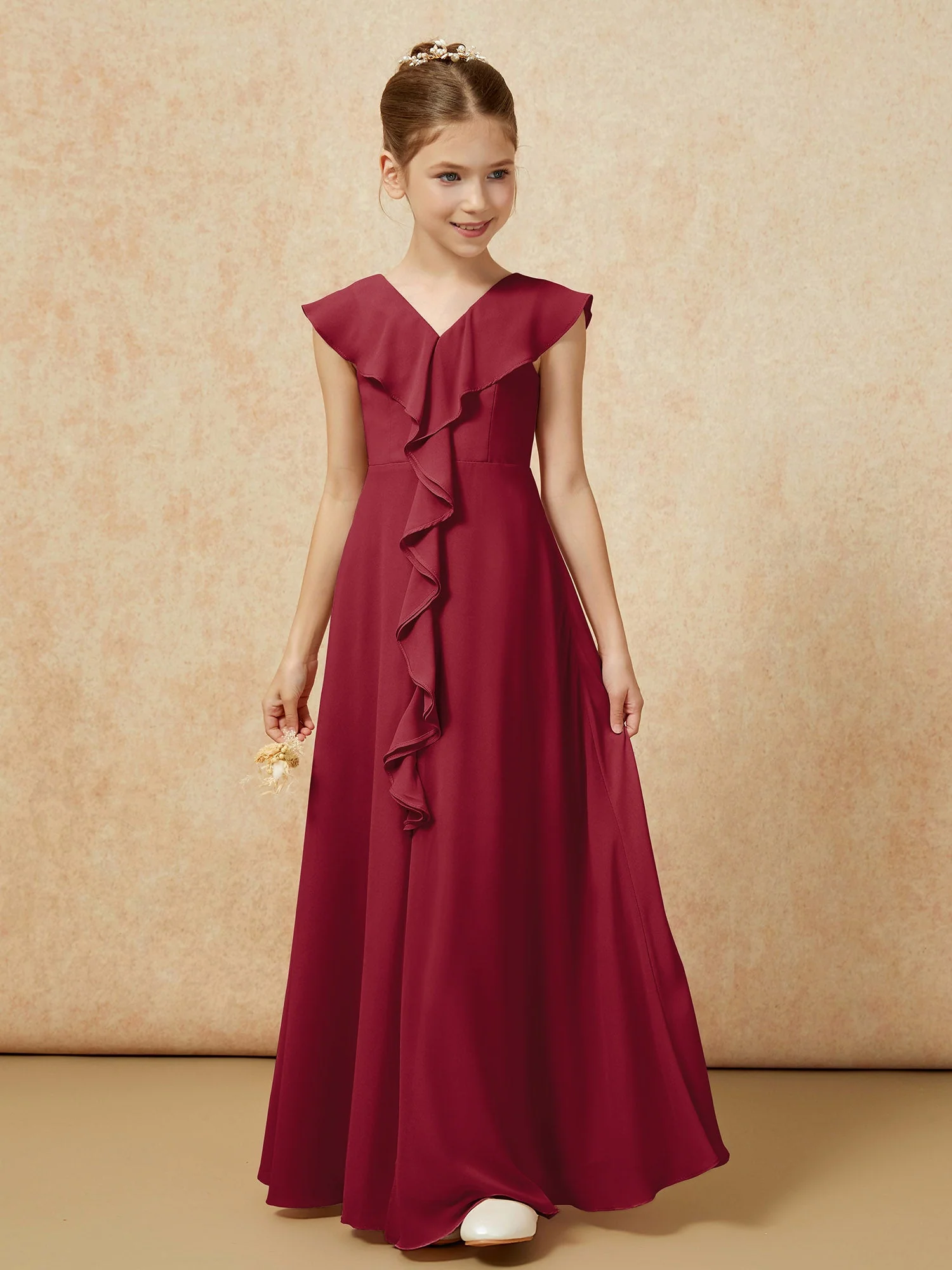 V-Ausschnitt Rüschen Chiffon Junge Brautjungfernkleider mit Schlitz Burgunderrot - Image 5
