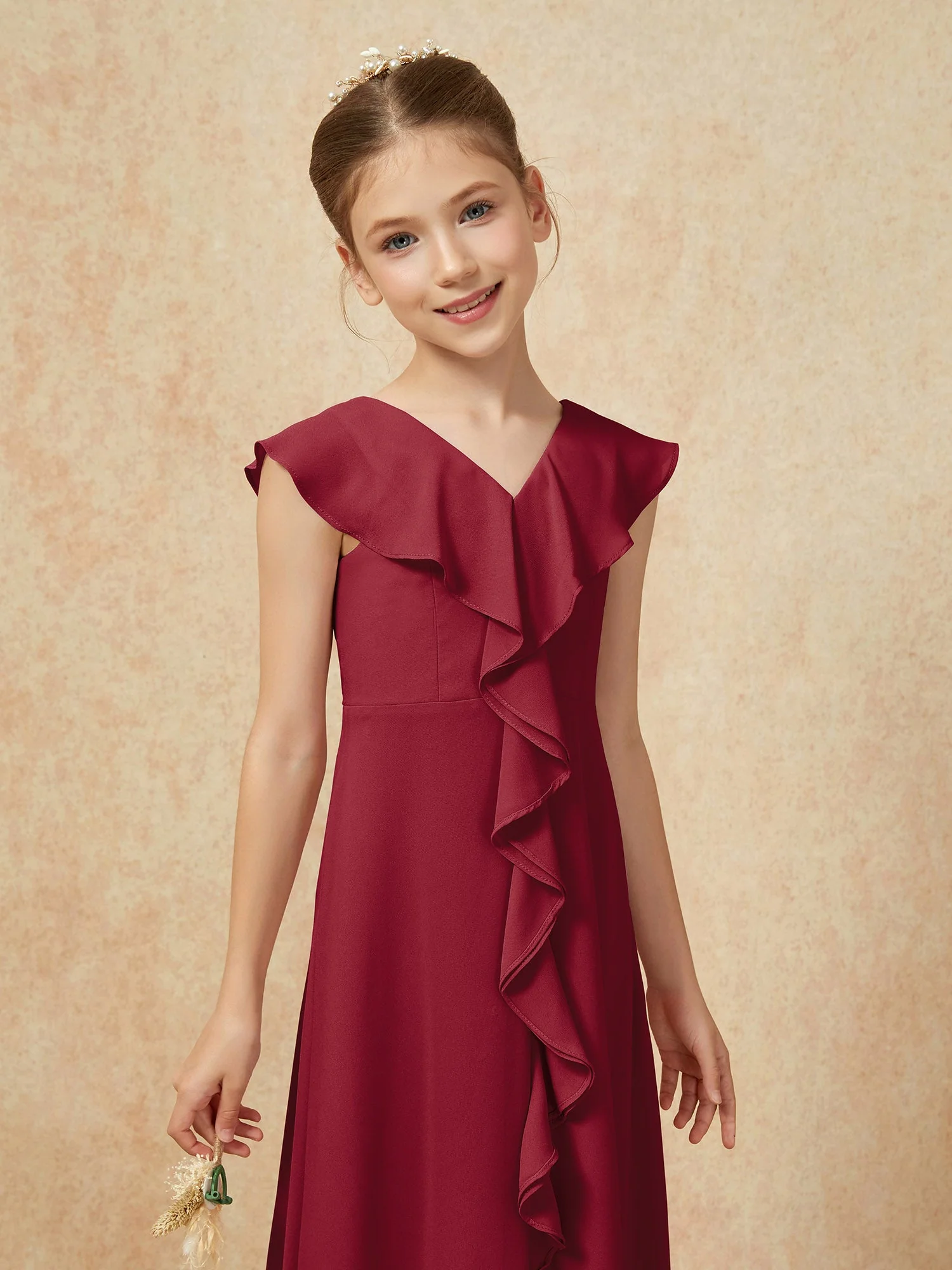 V-Ausschnitt Rüschen Chiffon Junge Brautjungfernkleider mit Schlitz Burgunderrot - Image 6