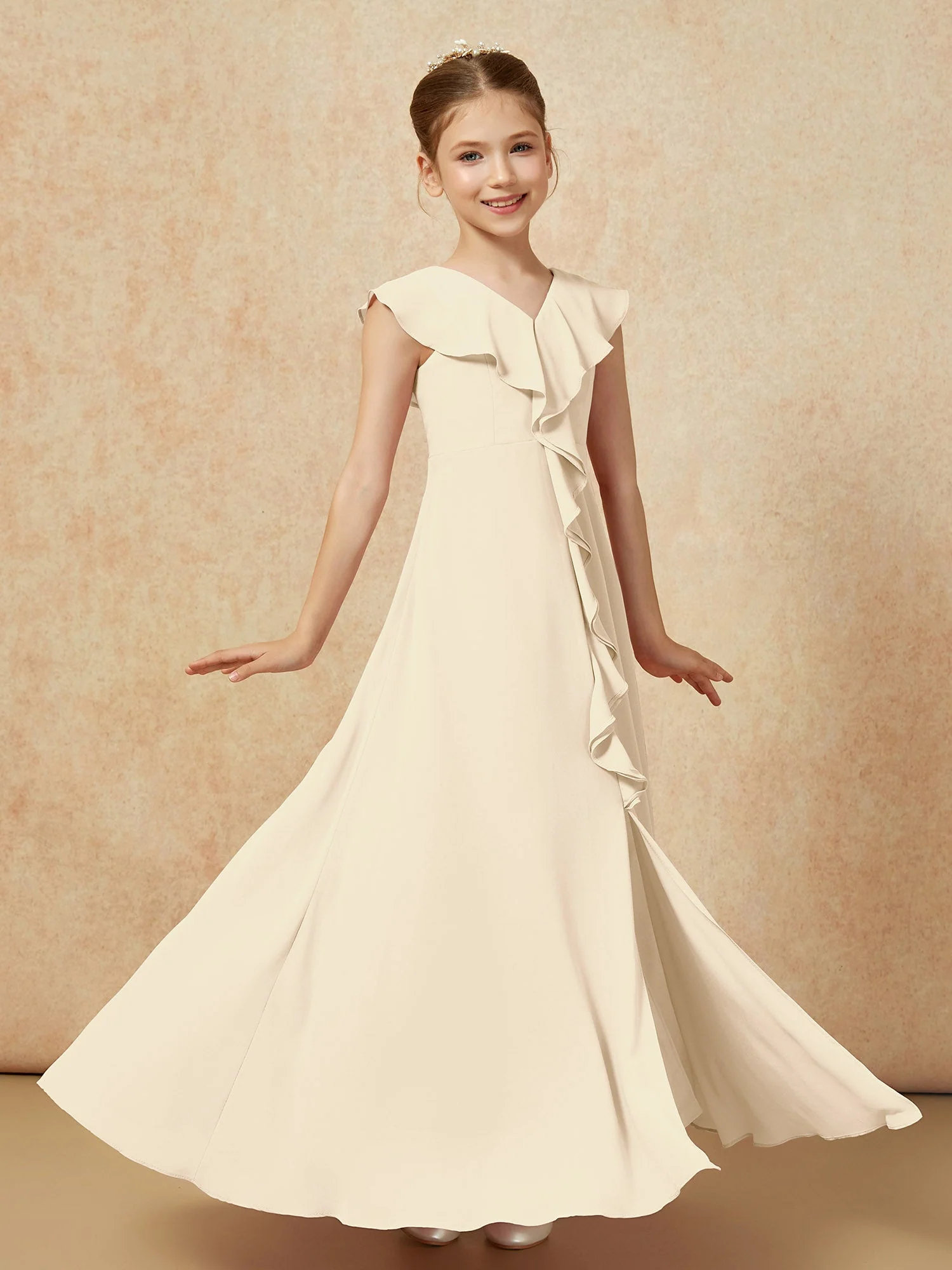 V-Ausschnitt Rüschen Chiffon Junge Brautjungfernkleider mit Schlitz Champagner - Image 3