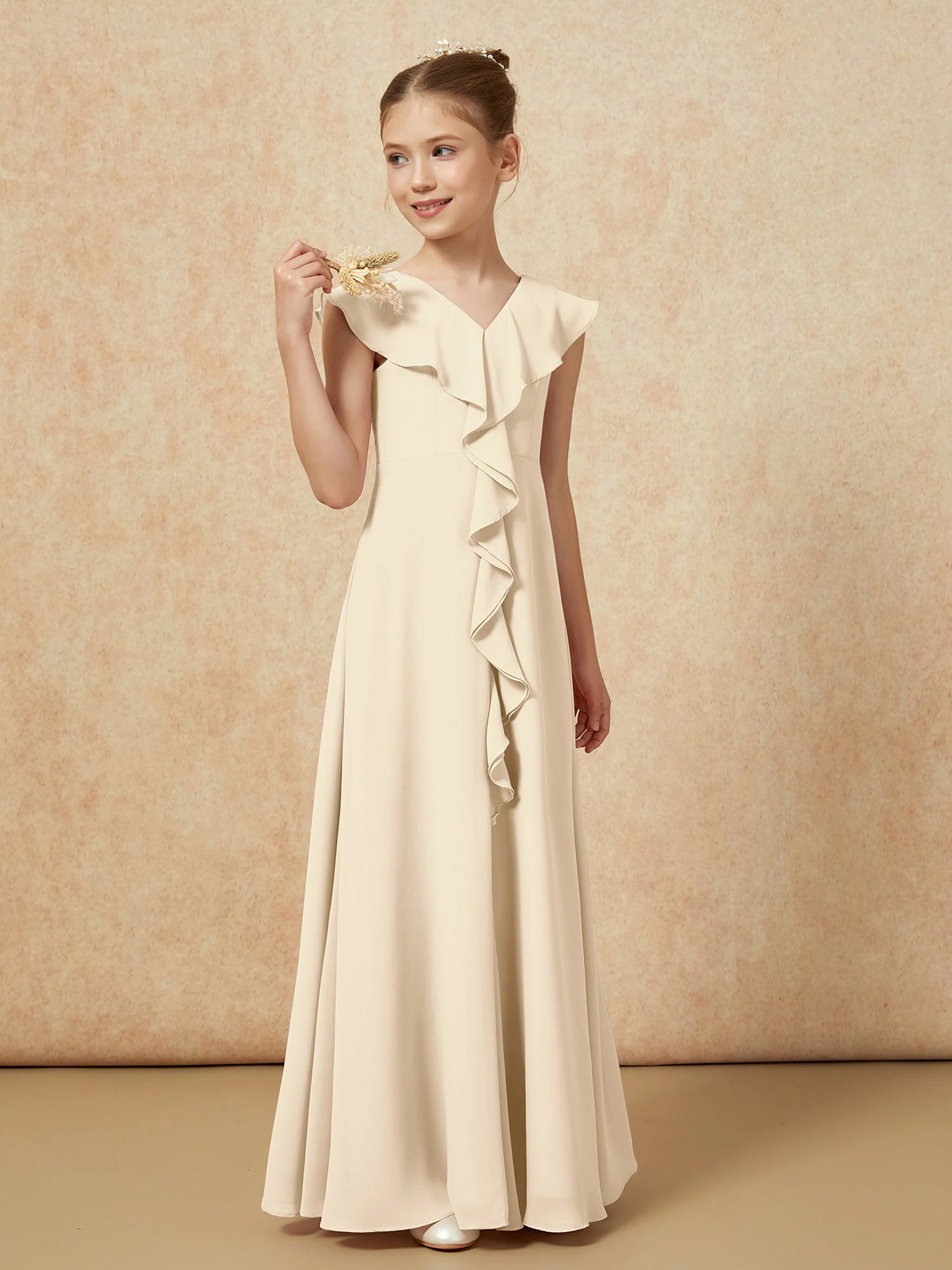 V-Ausschnitt Rüschen Chiffon Junge Brautjungfernkleider mit Schlitz Champagner - Image 4