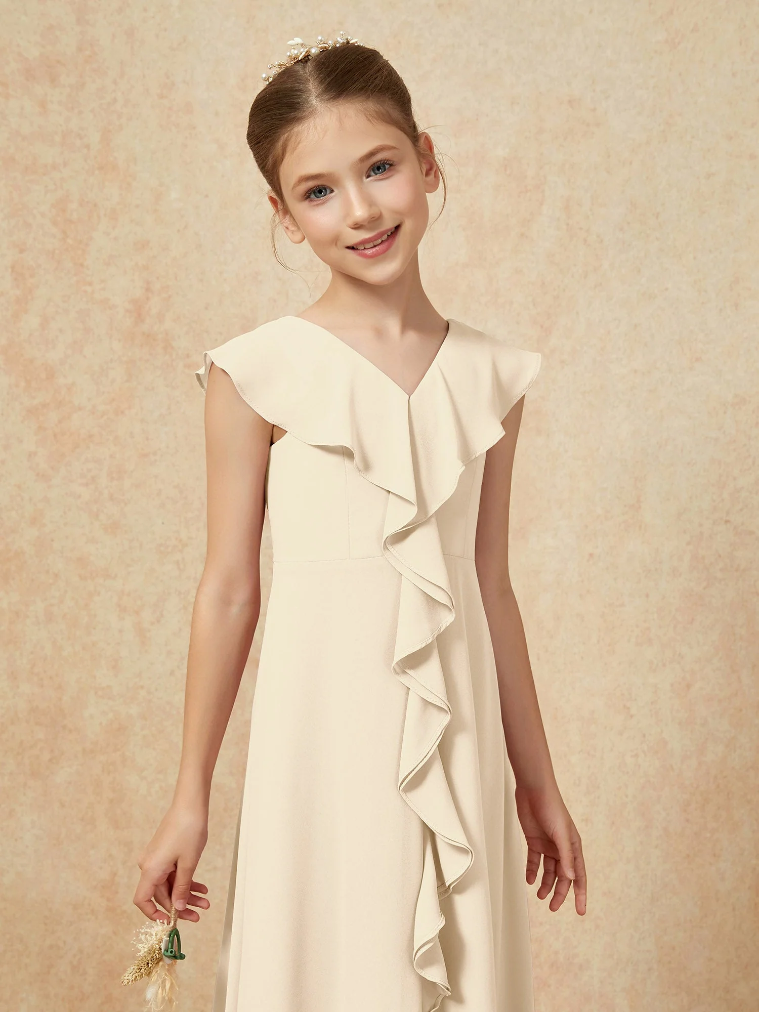 V-Ausschnitt Rüschen Chiffon Junge Brautjungfernkleider mit Schlitz Champagner - Image 6