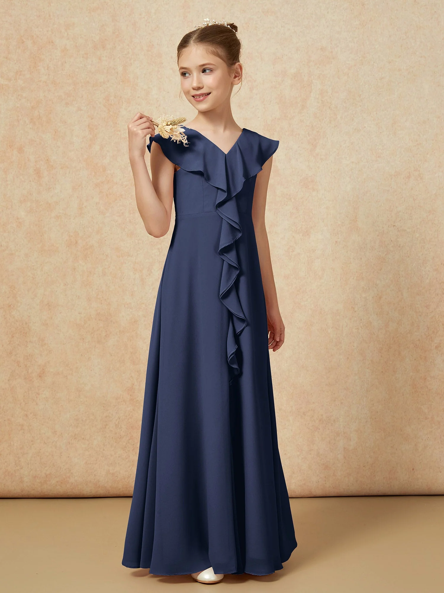 V-Ausschnitt Rüschen Chiffon Junge Brautjungfernkleider mit Schlitz Dunkelmarine - Image 4