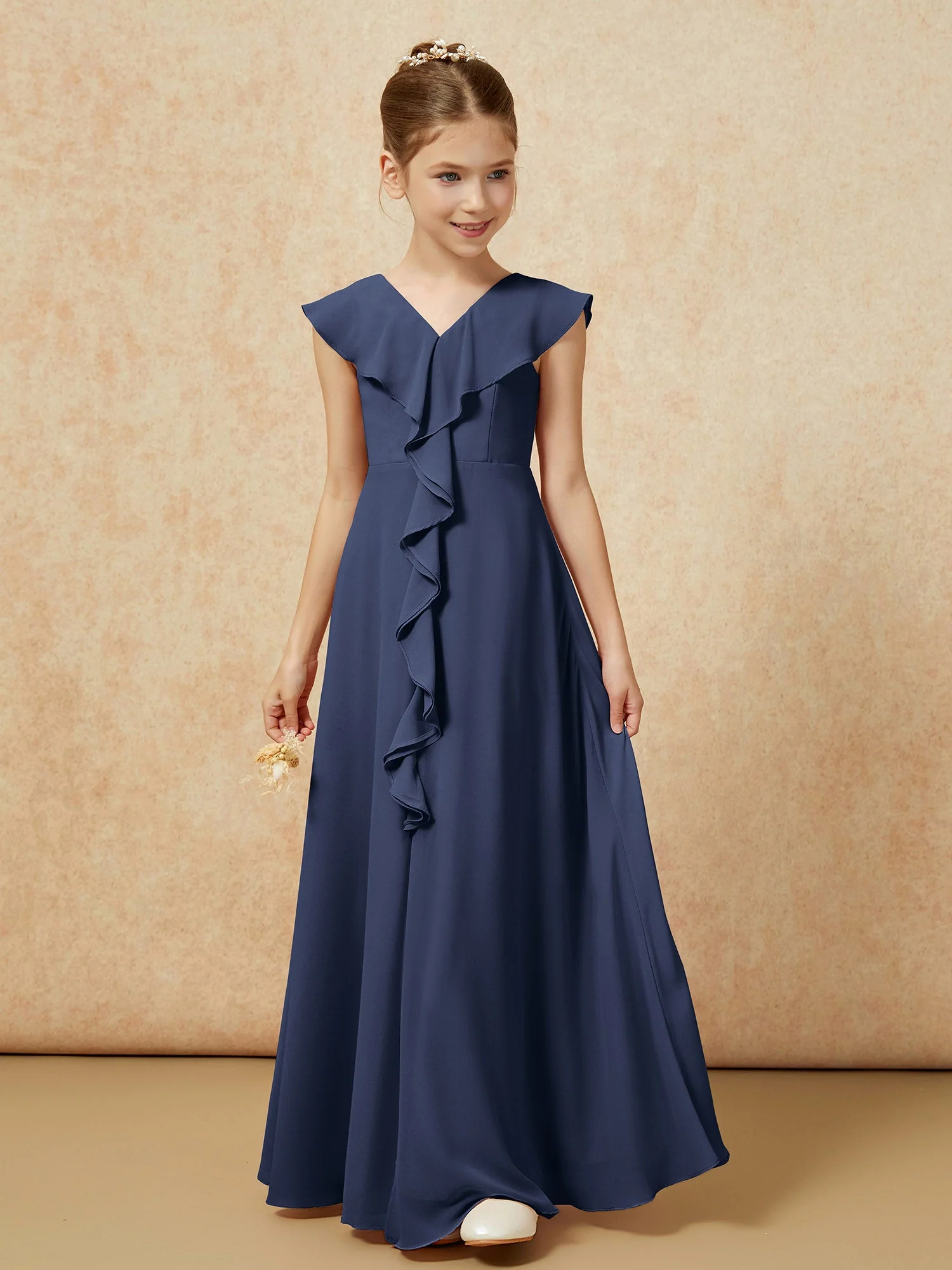 V-Ausschnitt Rüschen Chiffon Junge Brautjungfernkleider mit Schlitz Dunkelmarine - Image 5