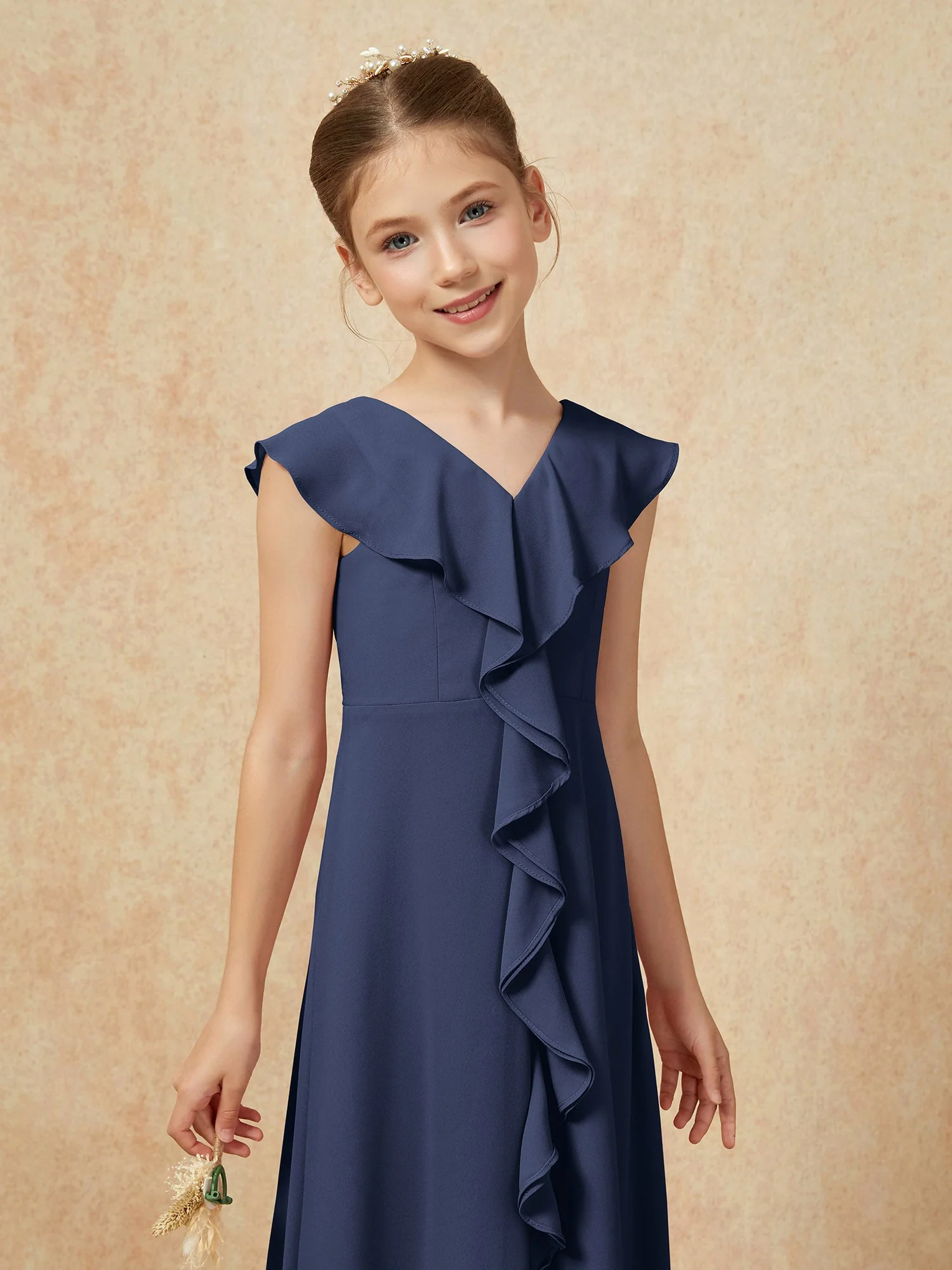 V-Ausschnitt Rüschen Chiffon Junge Brautjungfernkleider mit Schlitz Dunkelmarine - Image 6