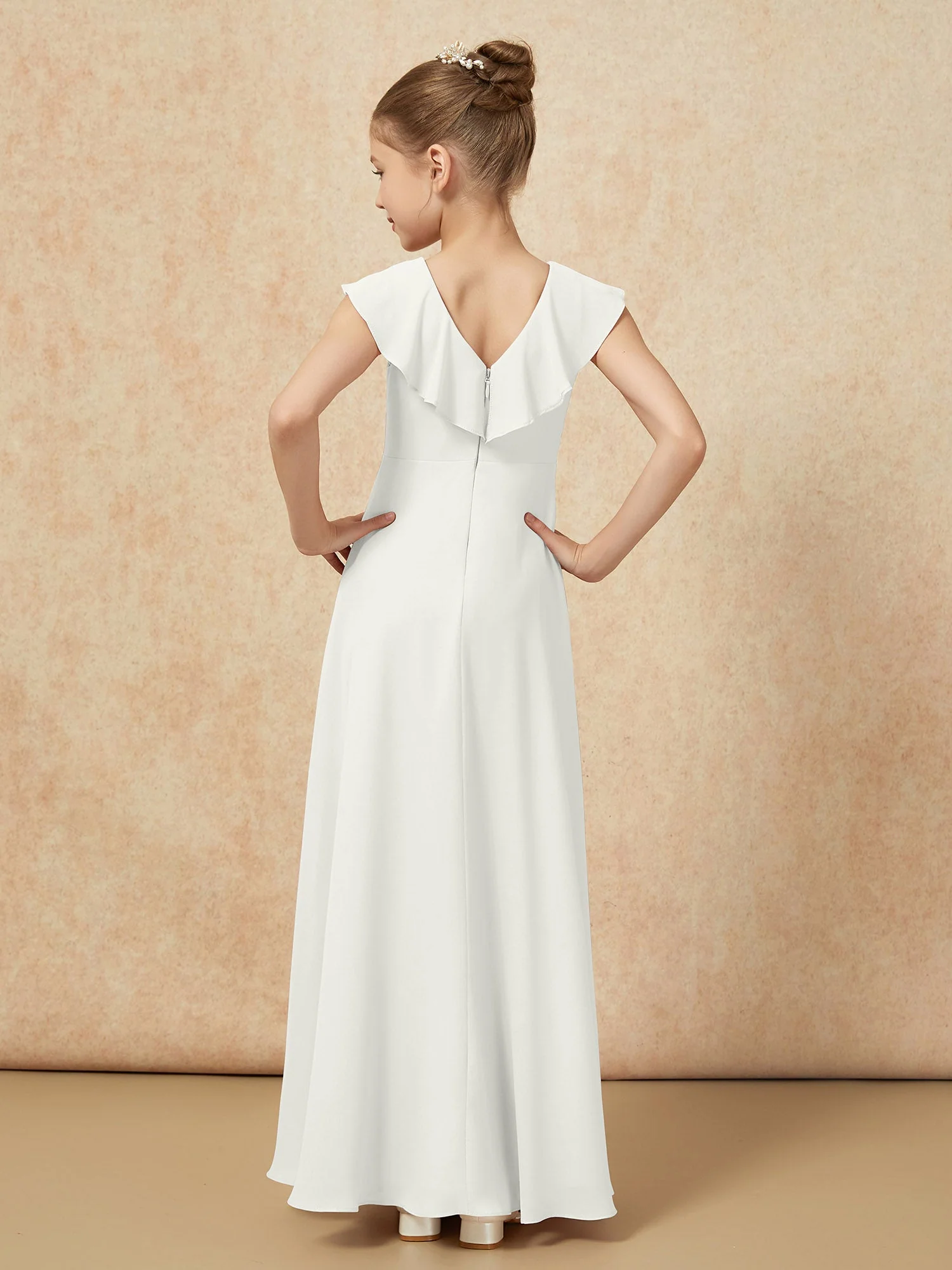 V-Ausschnitt Rüschen Chiffon Junge Brautjungfernkleider mit Schlitz Elfenbein - Image 2