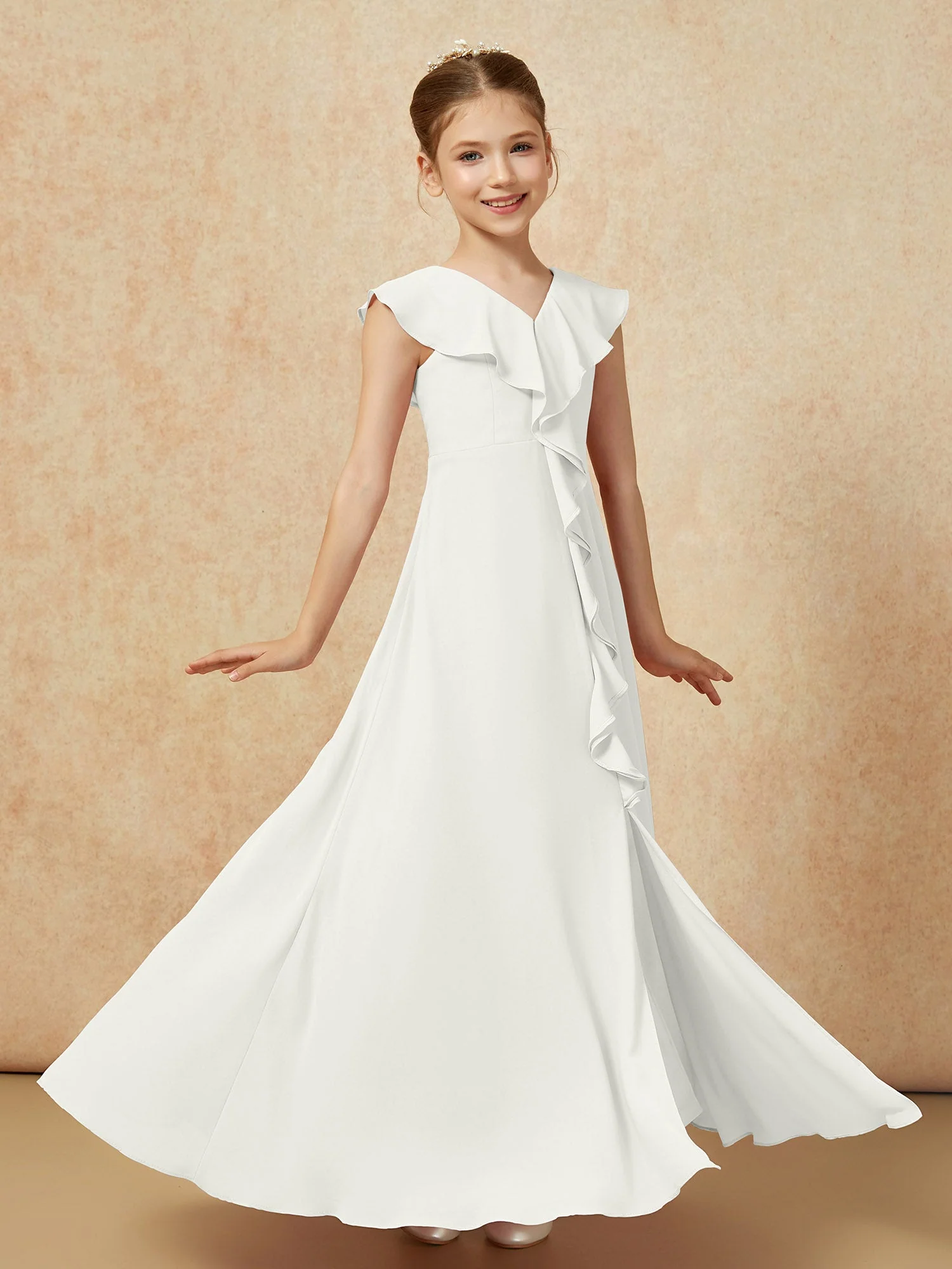 V-Ausschnitt Rüschen Chiffon Junge Brautjungfernkleider mit Schlitz Elfenbein - Image 3