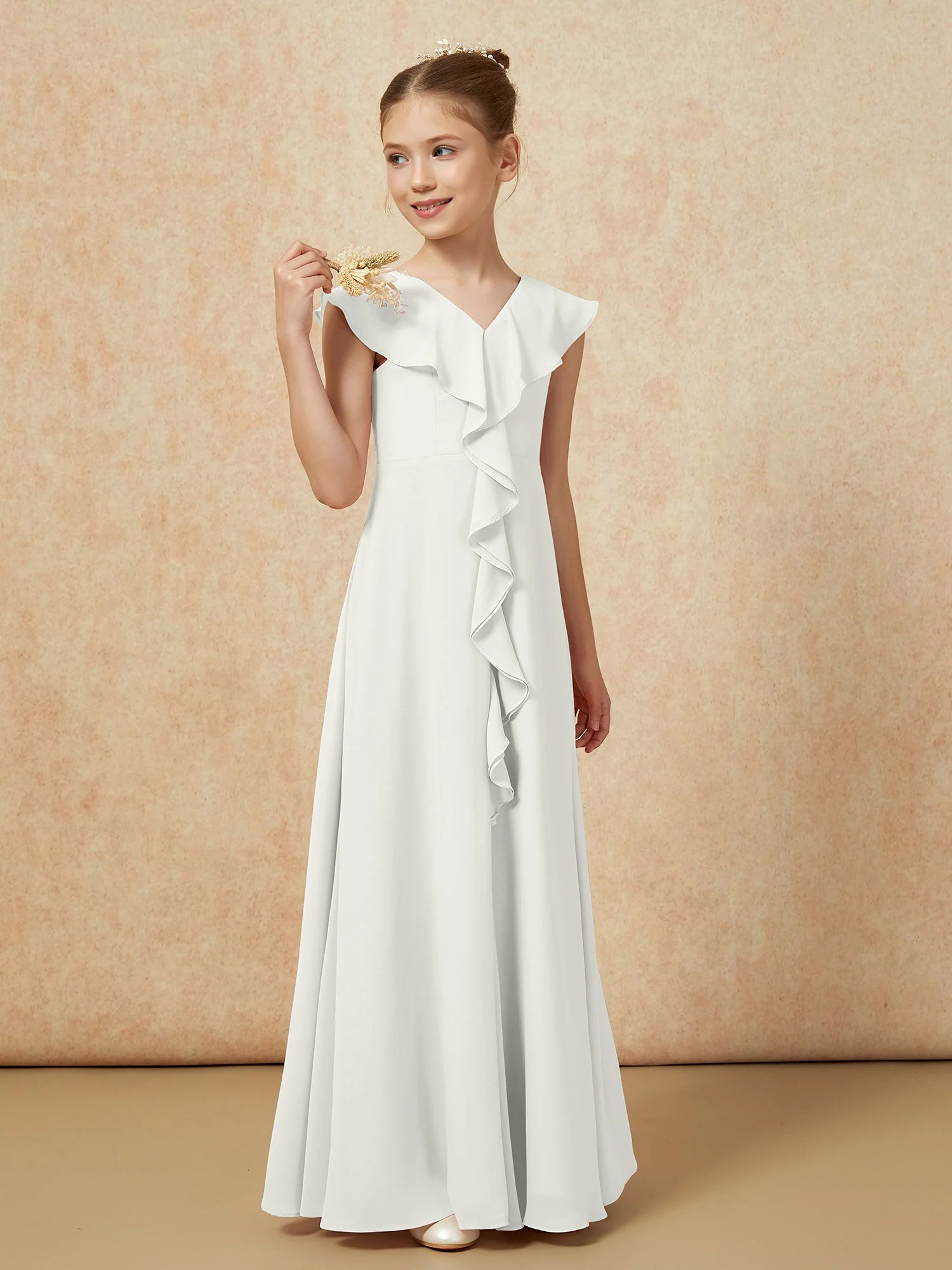 V-Ausschnitt Rüschen Chiffon Junge Brautjungfernkleider mit Schlitz Elfenbein - Image 4