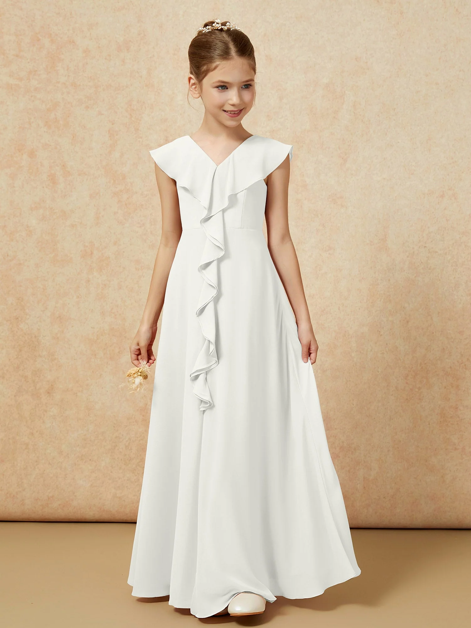 V-Ausschnitt Rüschen Chiffon Junge Brautjungfernkleider mit Schlitz Elfenbein - Image 5