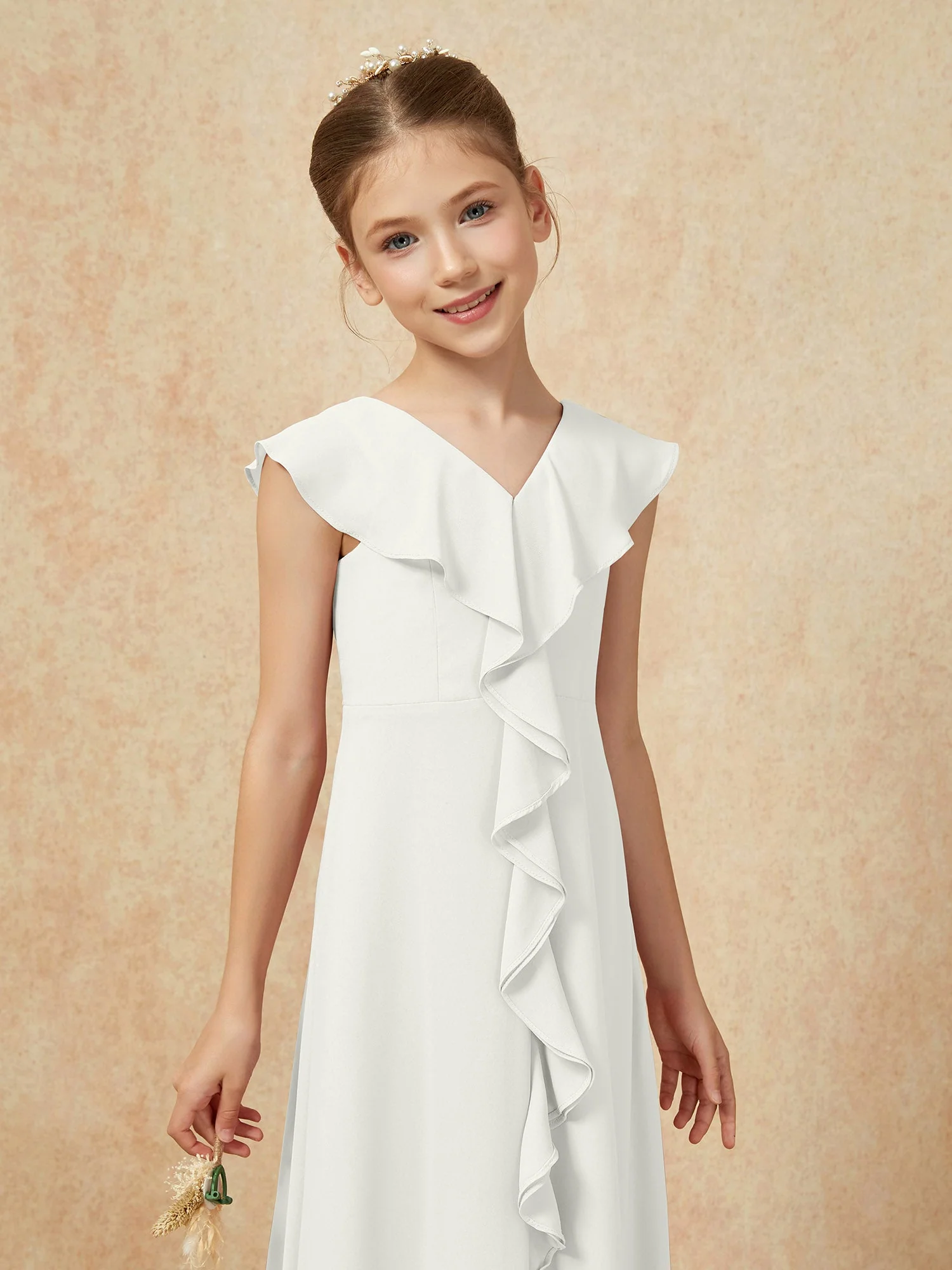 V-Ausschnitt Rüschen Chiffon Junge Brautjungfernkleider mit Schlitz Elfenbein - Image 6