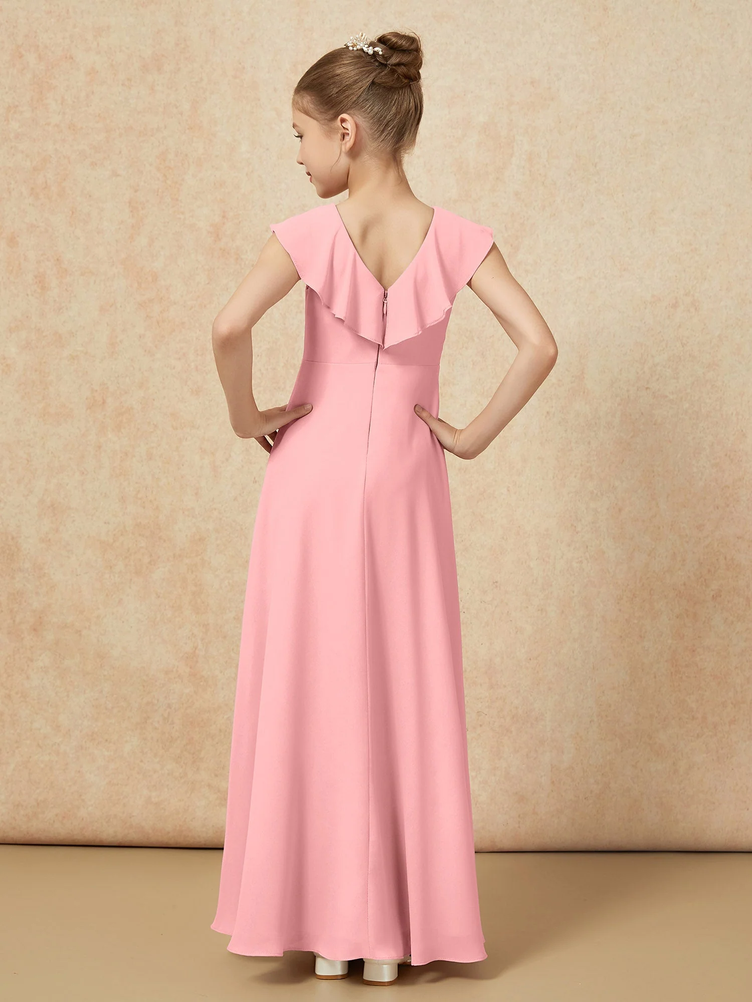 V-Ausschnitt Rüschen Chiffon Junge Brautjungfernkleider mit Schlitz Flamingo - Image 2