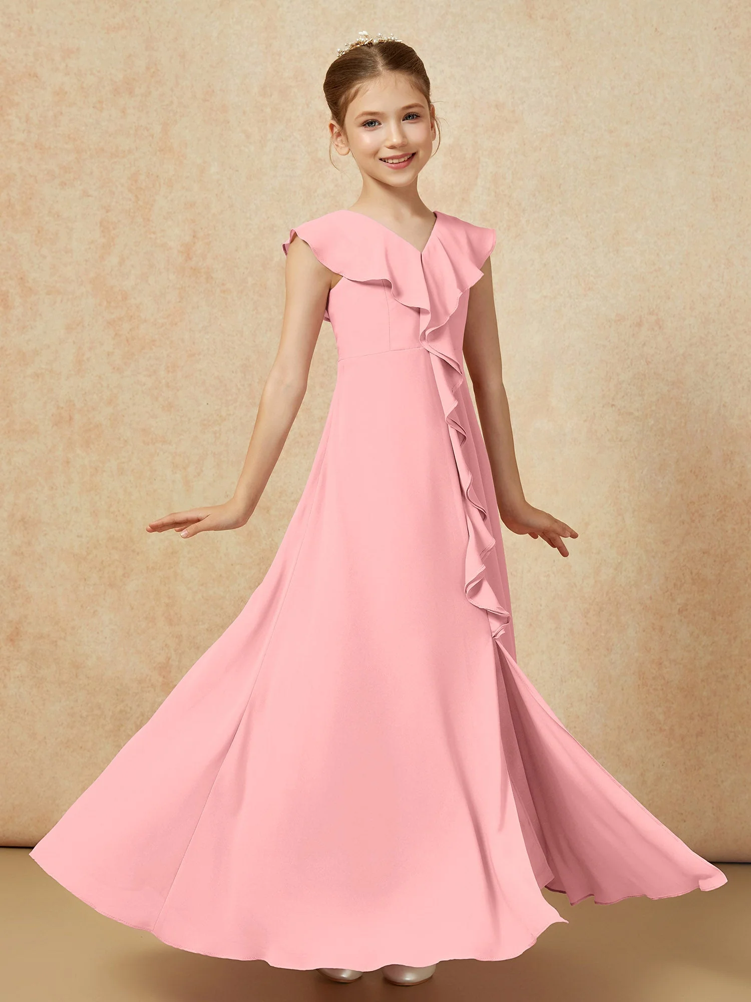V-Ausschnitt Rüschen Chiffon Junge Brautjungfernkleider mit Schlitz Flamingo - Image 3