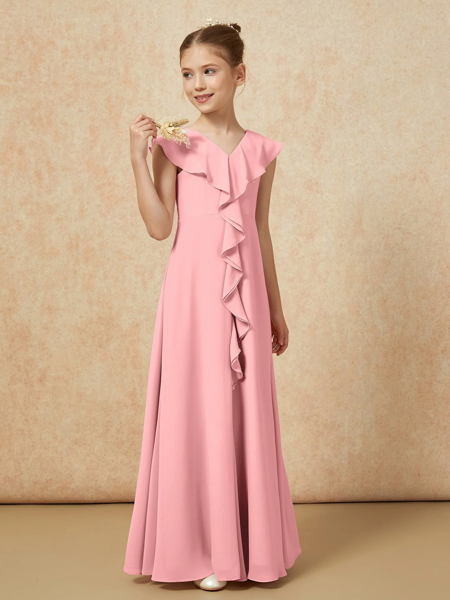 V-Ausschnitt Rüschen Chiffon Junge Brautjungfernkleider mit Schlitz Flamingo - Image 4