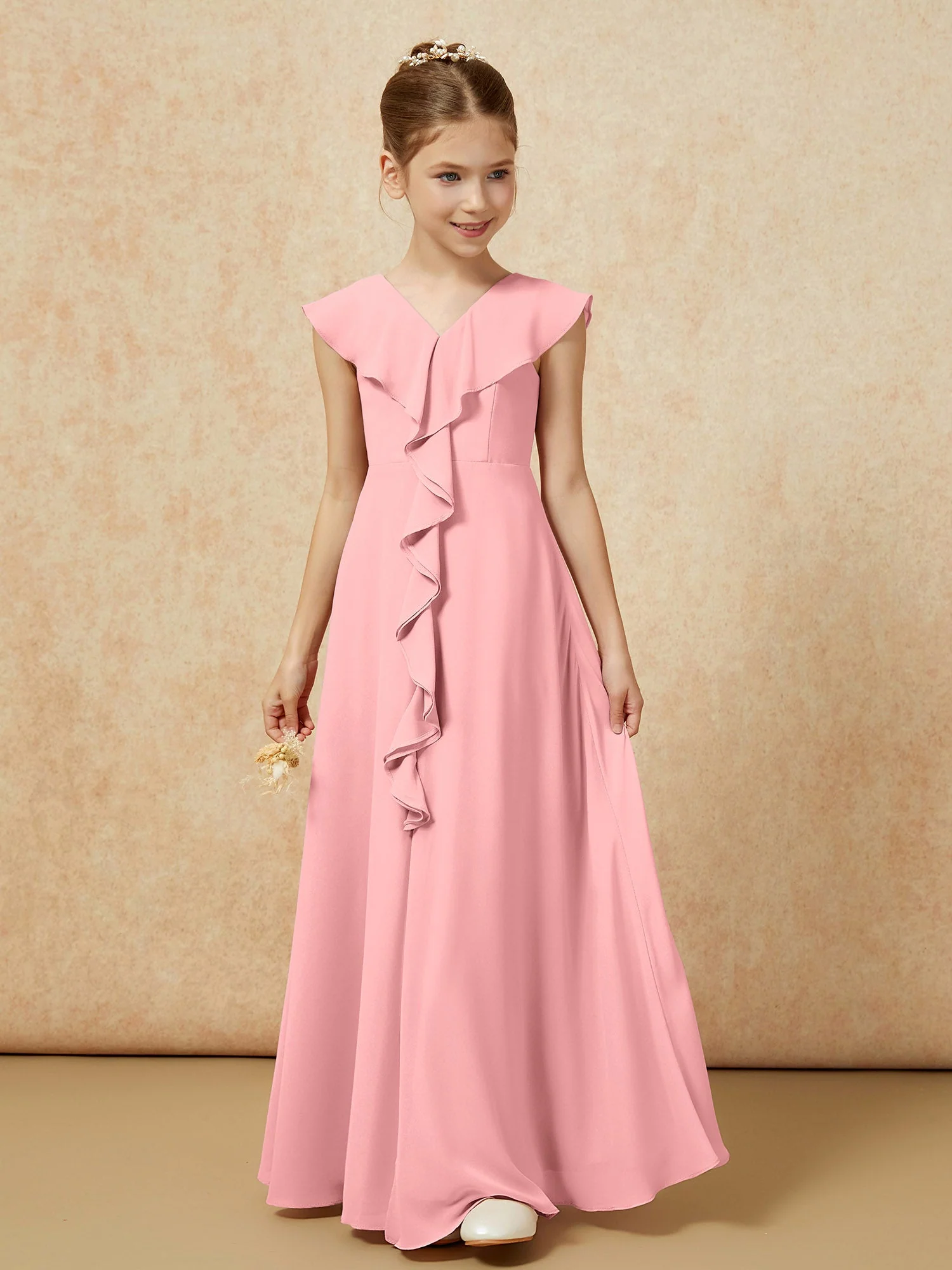 V-Ausschnitt Rüschen Chiffon Junge Brautjungfernkleider mit Schlitz Flamingo - Image 5
