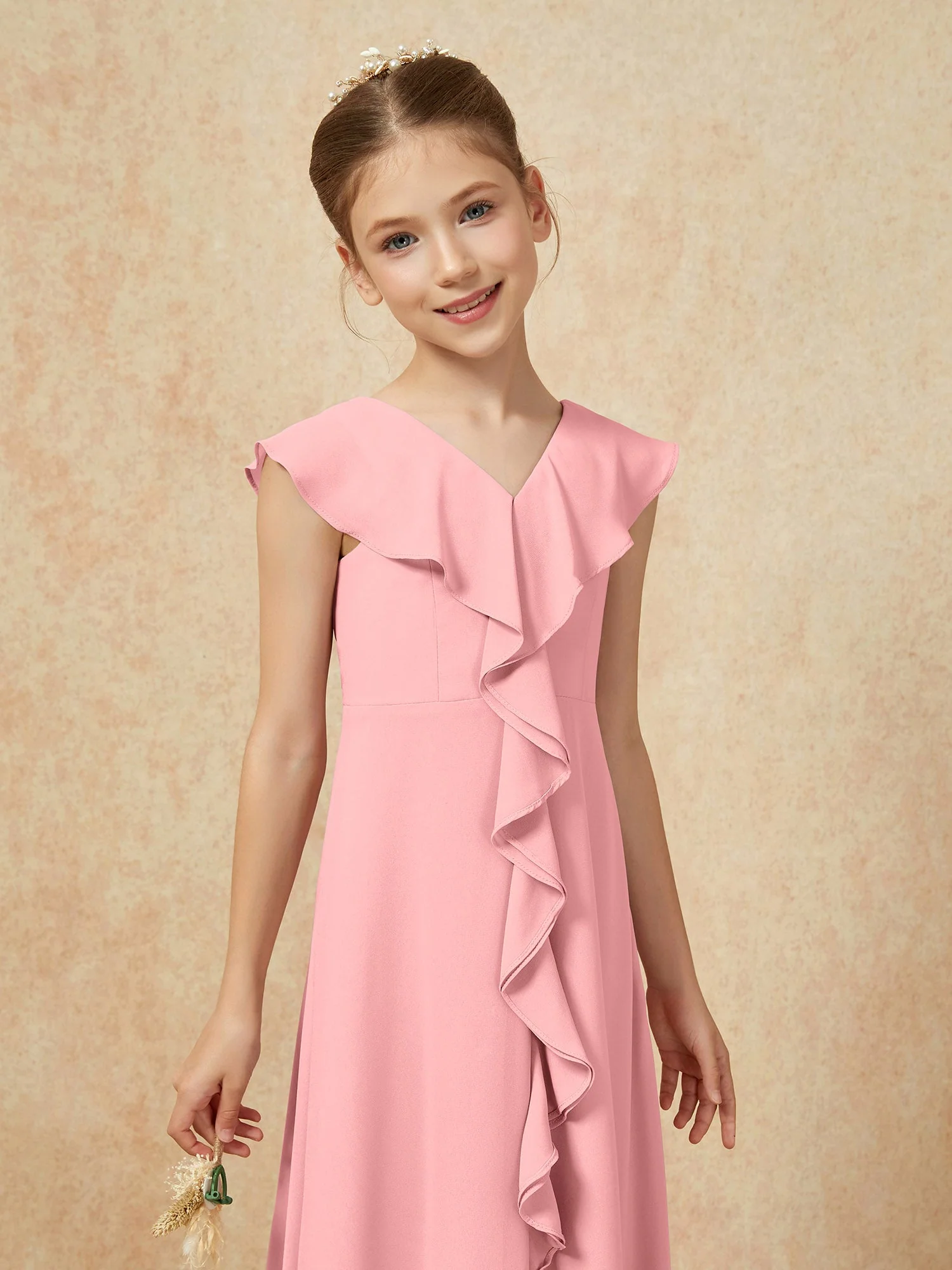 V-Ausschnitt Rüschen Chiffon Junge Brautjungfernkleider mit Schlitz Flamingo - Image 6