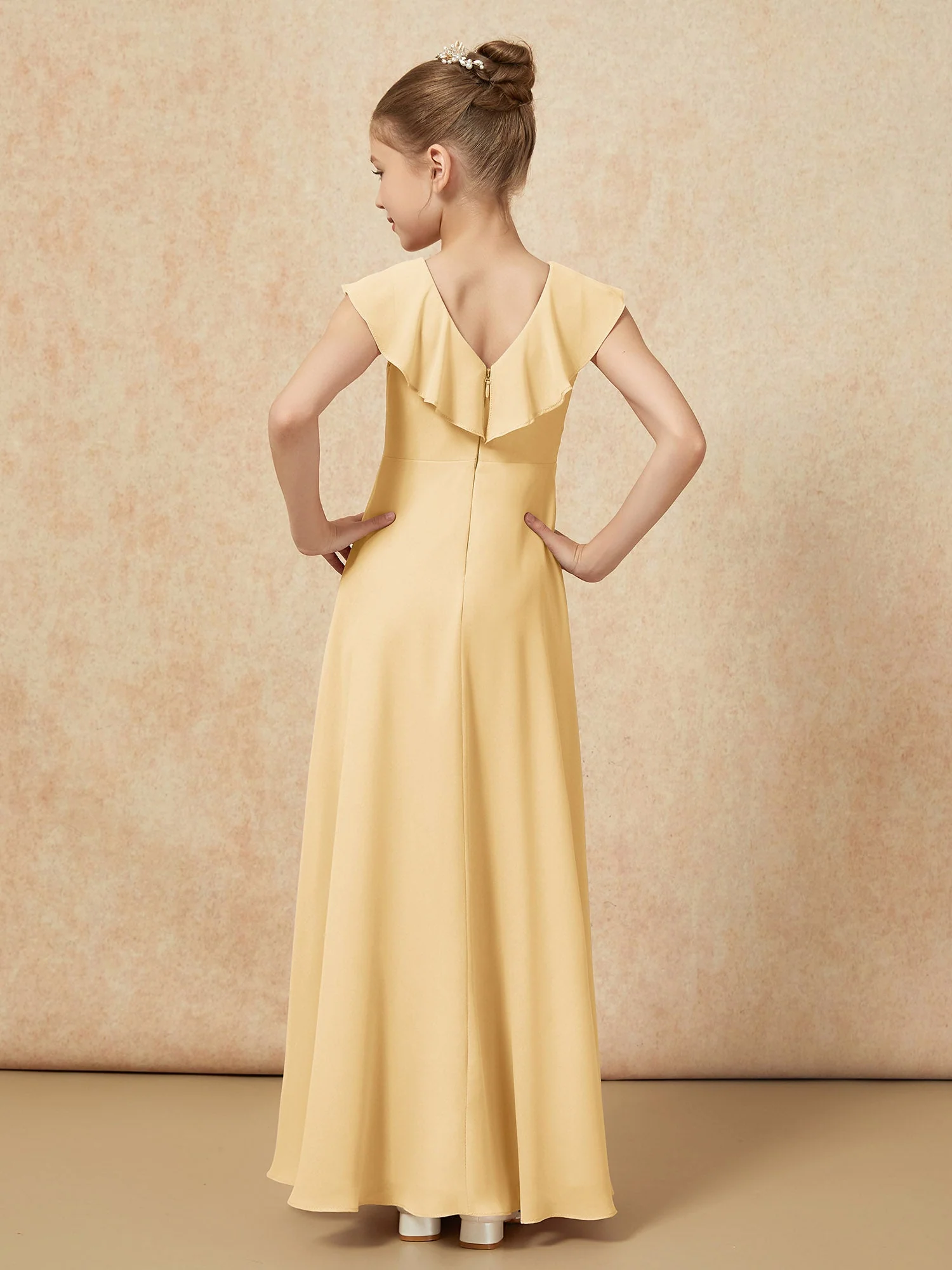V-Ausschnitt Rüschen Chiffon Junge Brautjungfernkleider mit Schlitz Gold - Image 2
