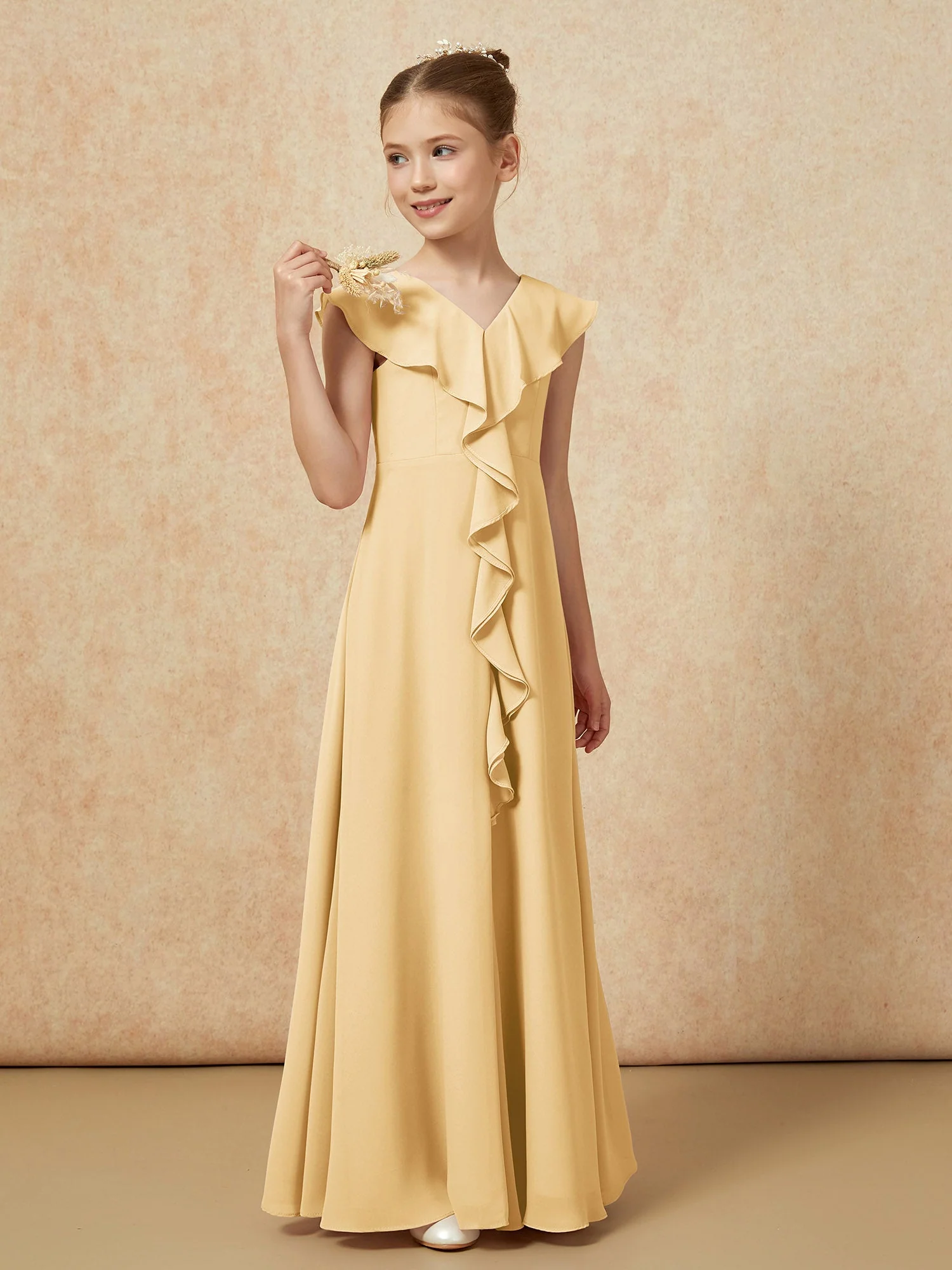 V-Ausschnitt Rüschen Chiffon Junge Brautjungfernkleider mit Schlitz Gold - Image 4