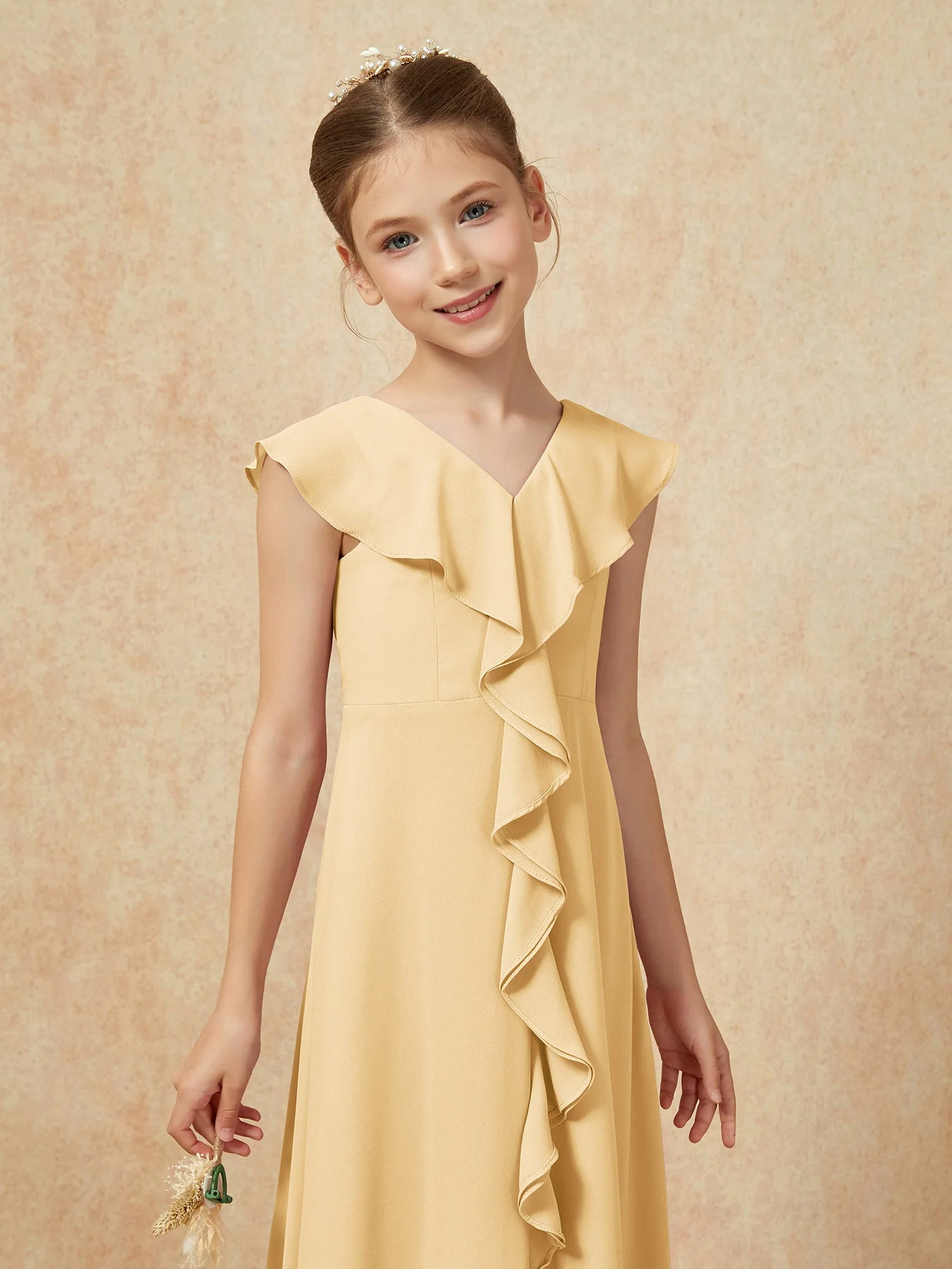 V-Ausschnitt Rüschen Chiffon Junge Brautjungfernkleider mit Schlitz Gold - Image 6
