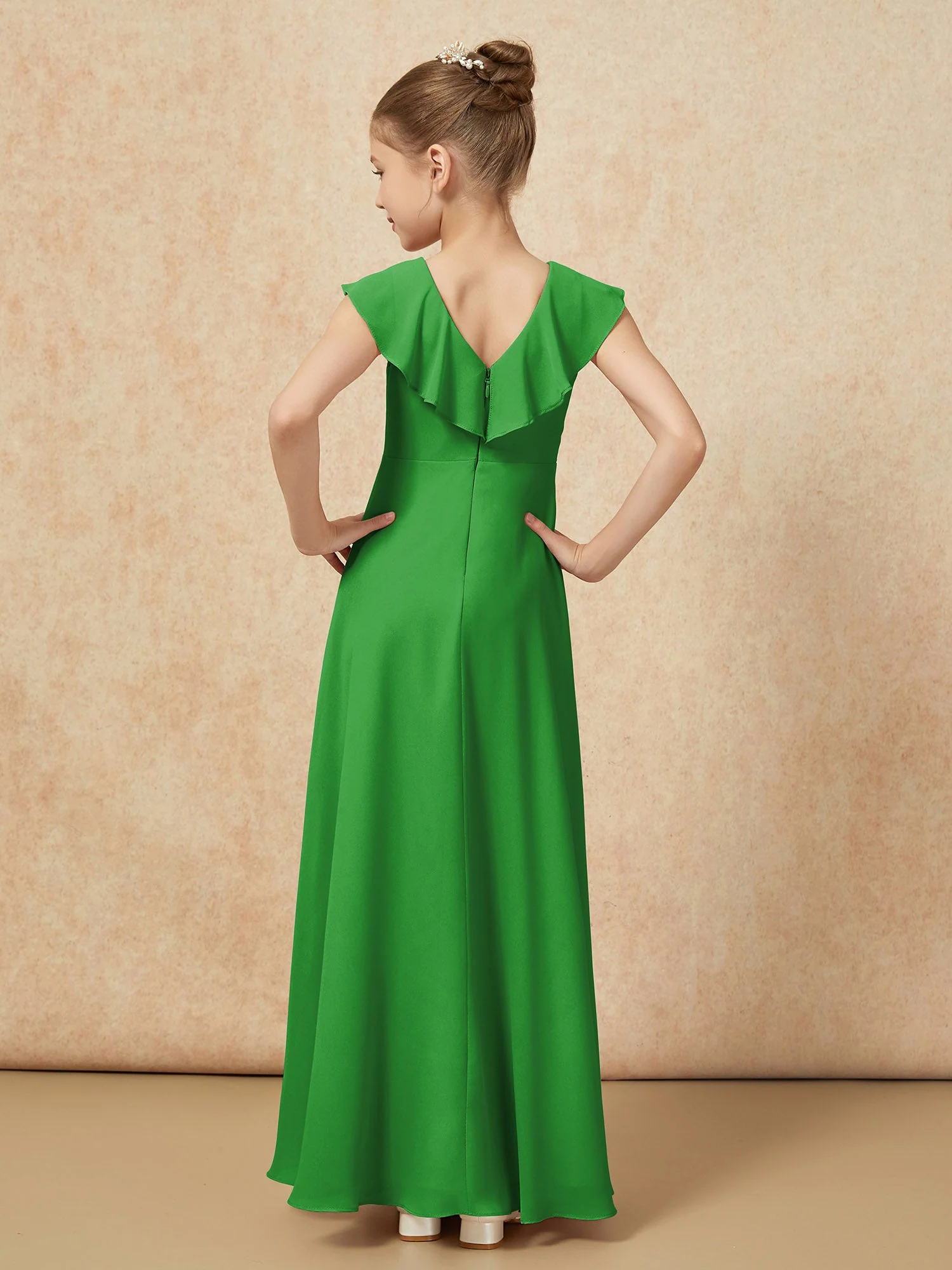 V-Ausschnitt Rüschen Chiffon Junge Brautjungfernkleider mit Schlitz Grün - Image 2