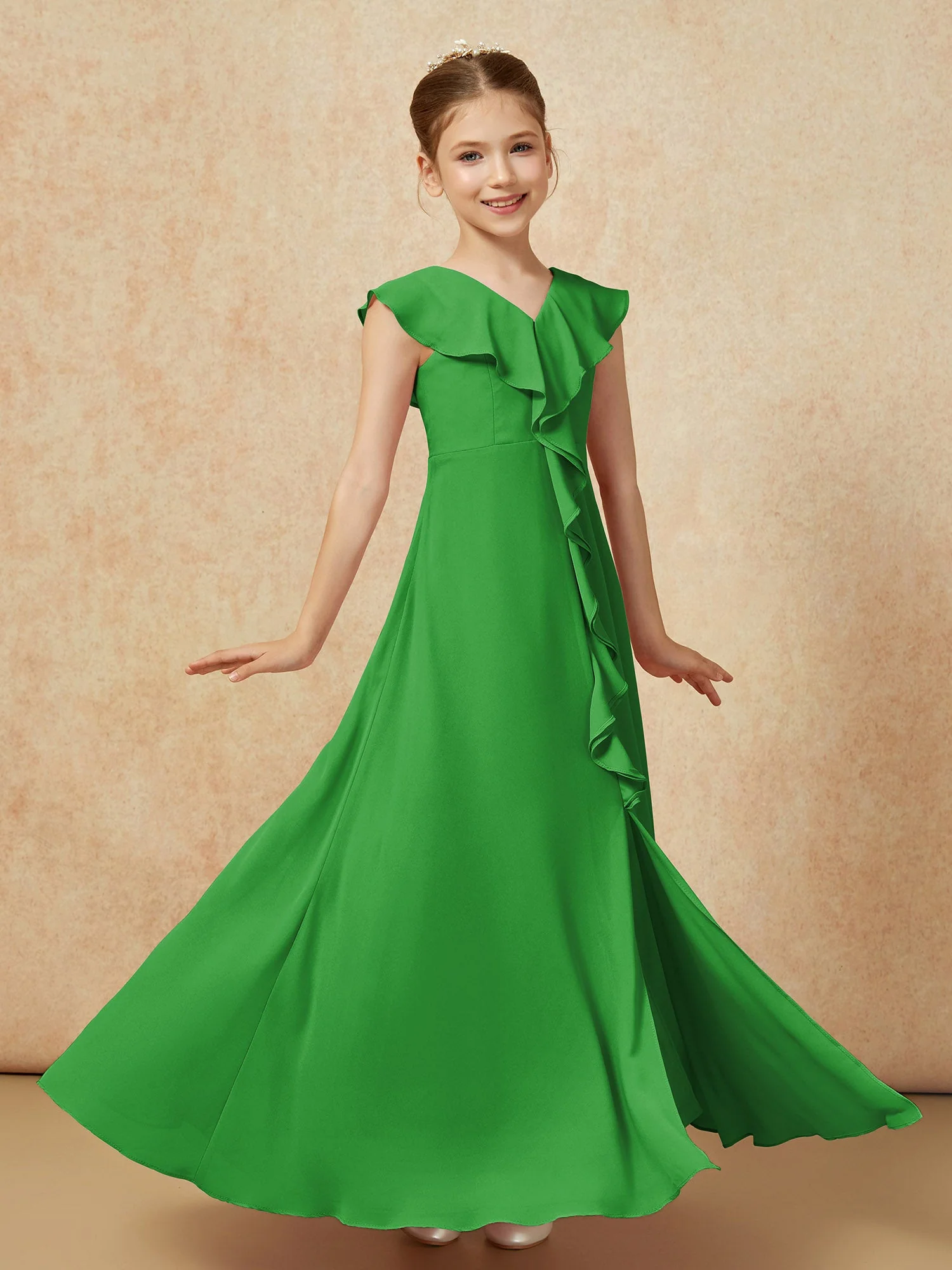 V-Ausschnitt Rüschen Chiffon Junge Brautjungfernkleider mit Schlitz Grün - Image 3