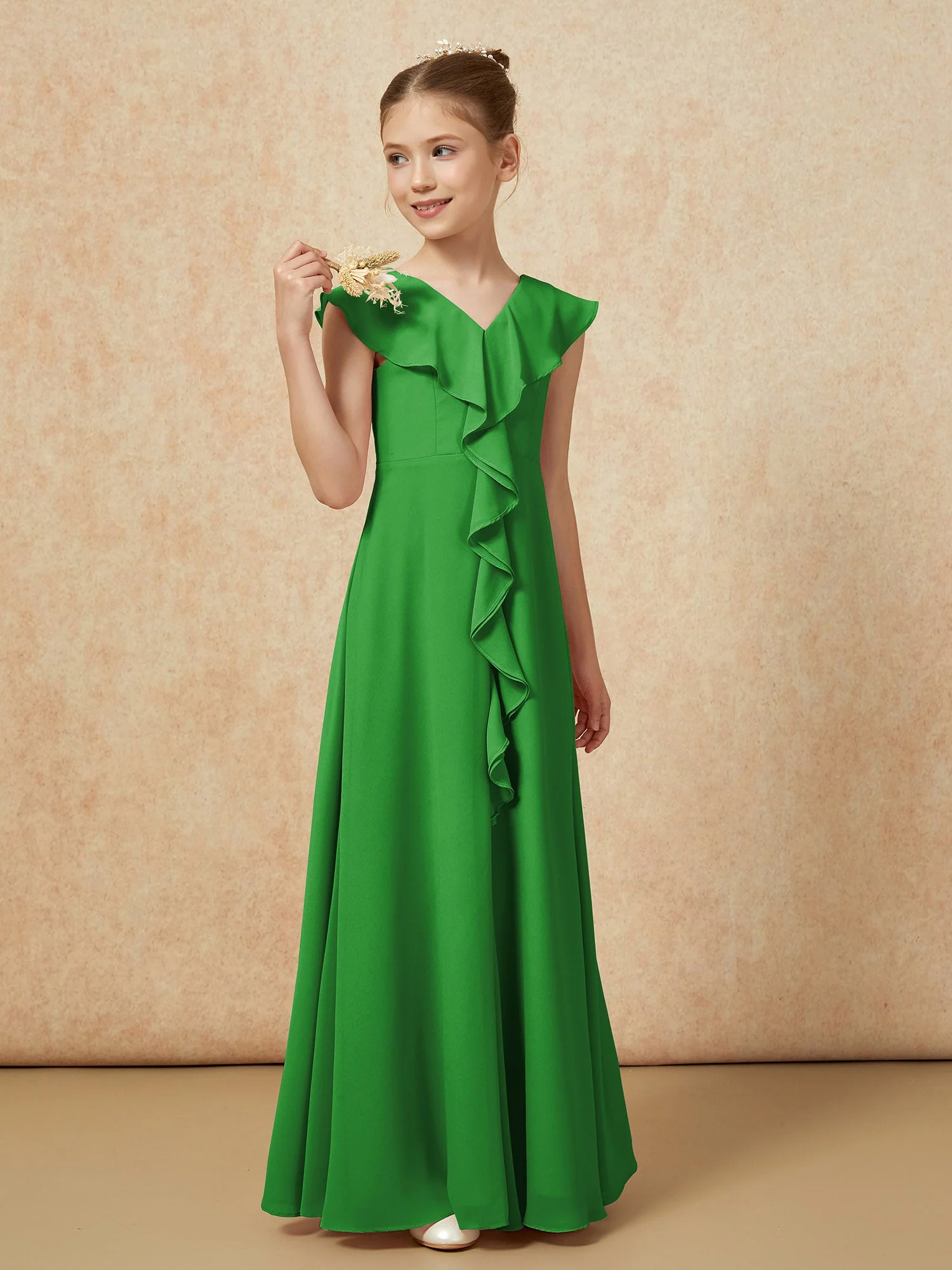 V-Ausschnitt Rüschen Chiffon Junge Brautjungfernkleider mit Schlitz Grün - Image 4