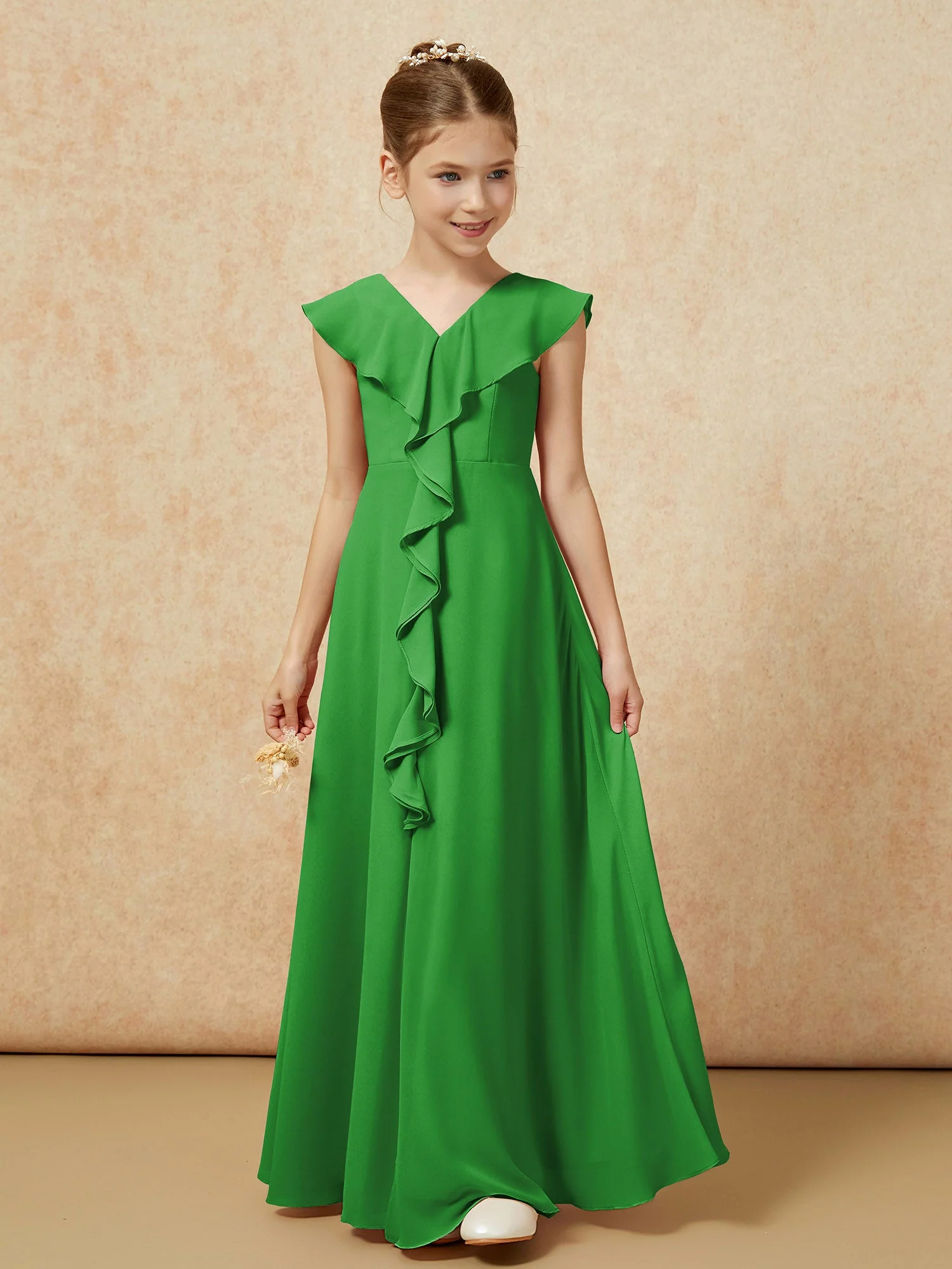 V-Ausschnitt Rüschen Chiffon Junge Brautjungfernkleider mit Schlitz Grün - Image 5
