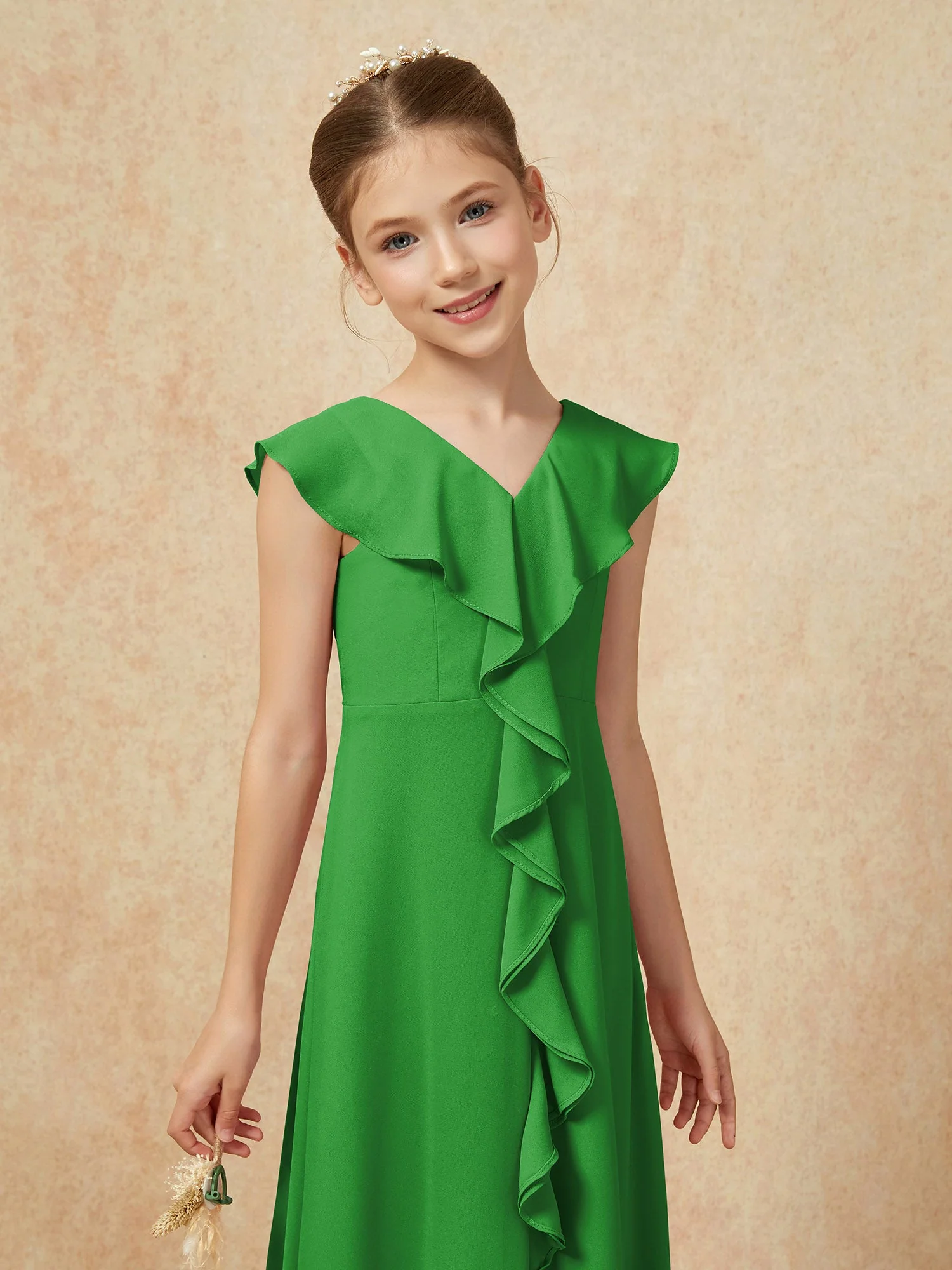 V-Ausschnitt Rüschen Chiffon Junge Brautjungfernkleider mit Schlitz Grün - Image 6