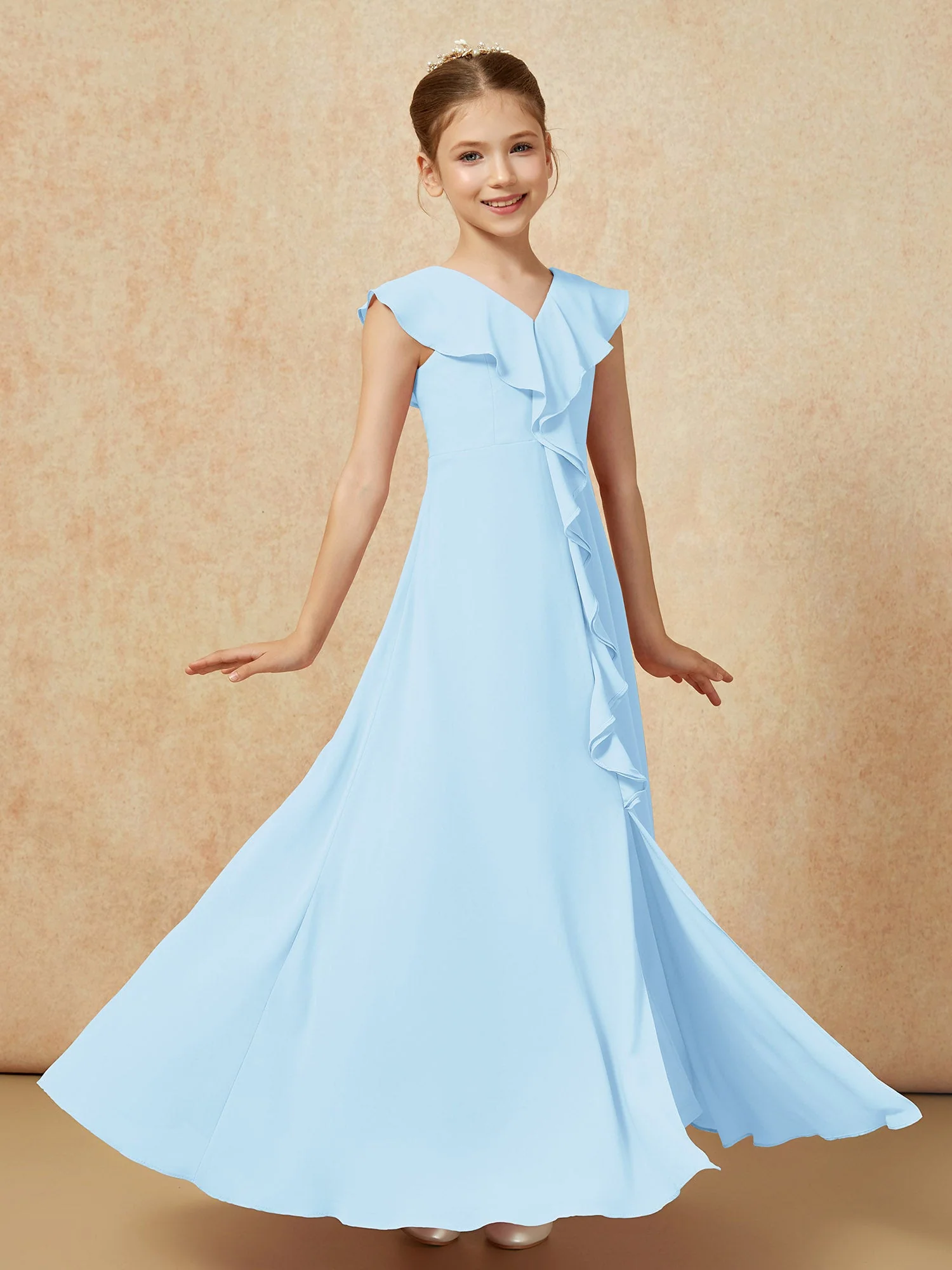 V-Ausschnitt Rüschen Chiffon Junge Brautjungfernkleider mit Schlitz Himmelblau - Image 3