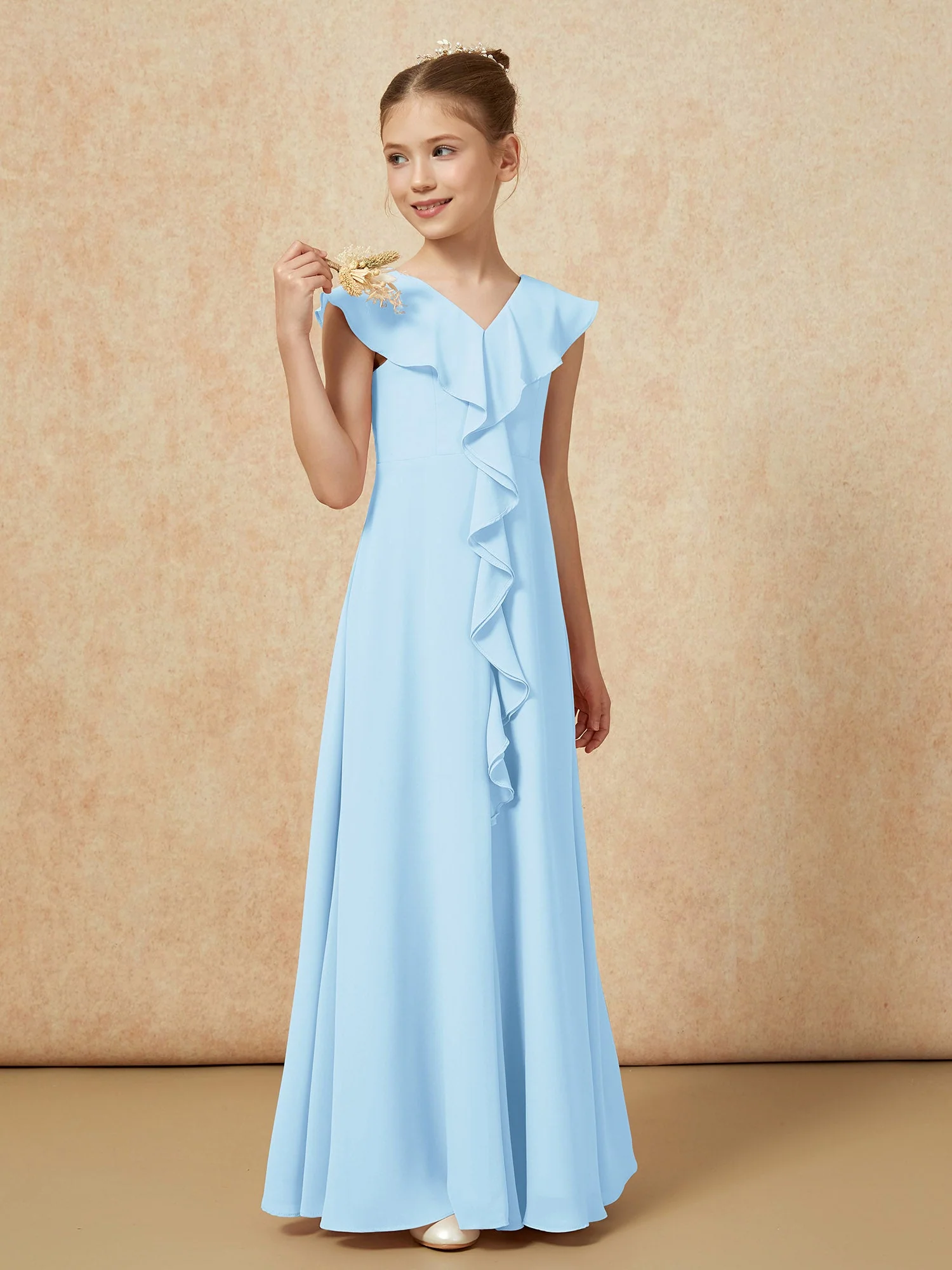 V-Ausschnitt Rüschen Chiffon Junge Brautjungfernkleider mit Schlitz Himmelblau - Image 4