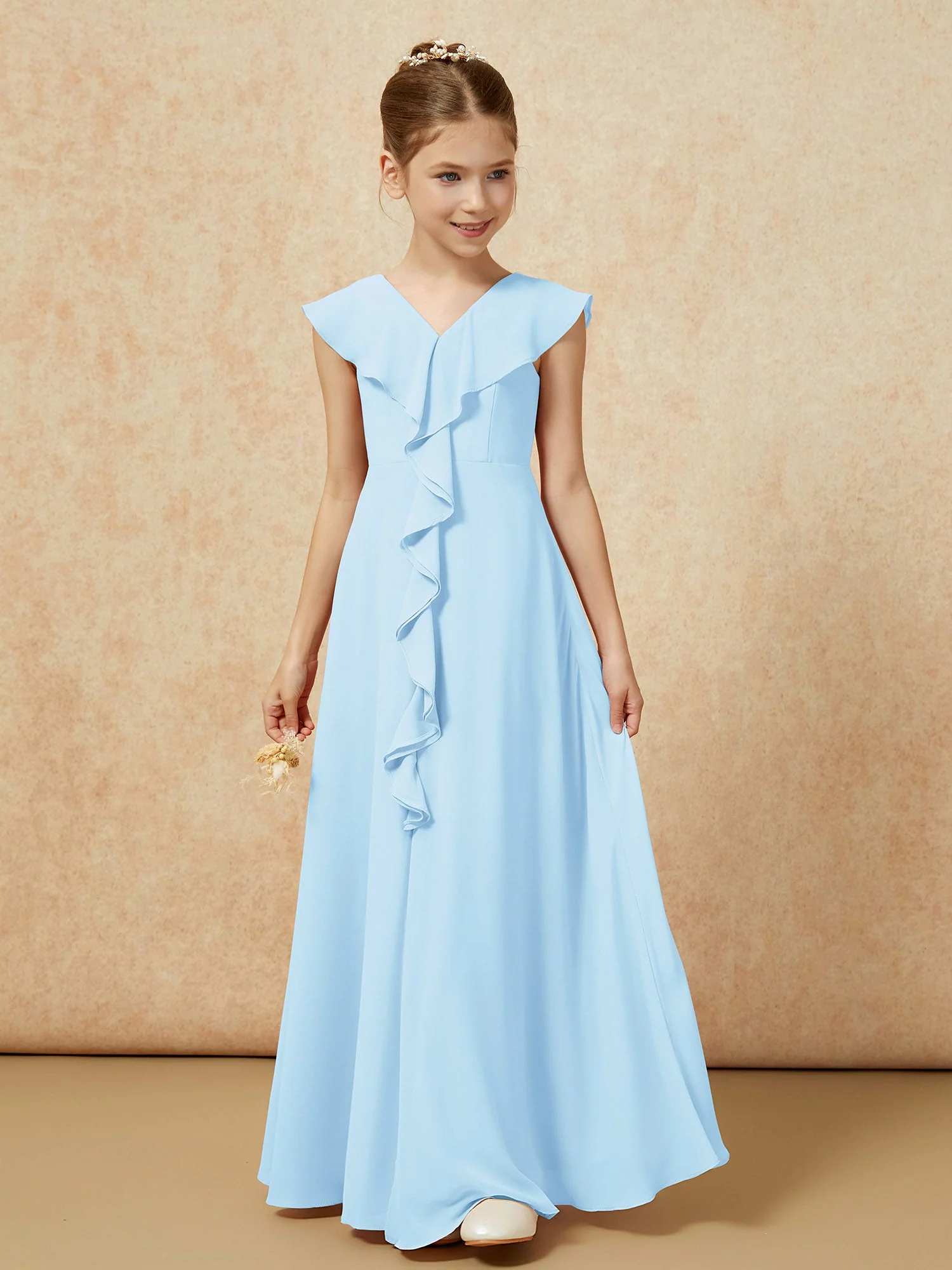 V-Ausschnitt Rüschen Chiffon Junge Brautjungfernkleider mit Schlitz Himmelblau - Image 5