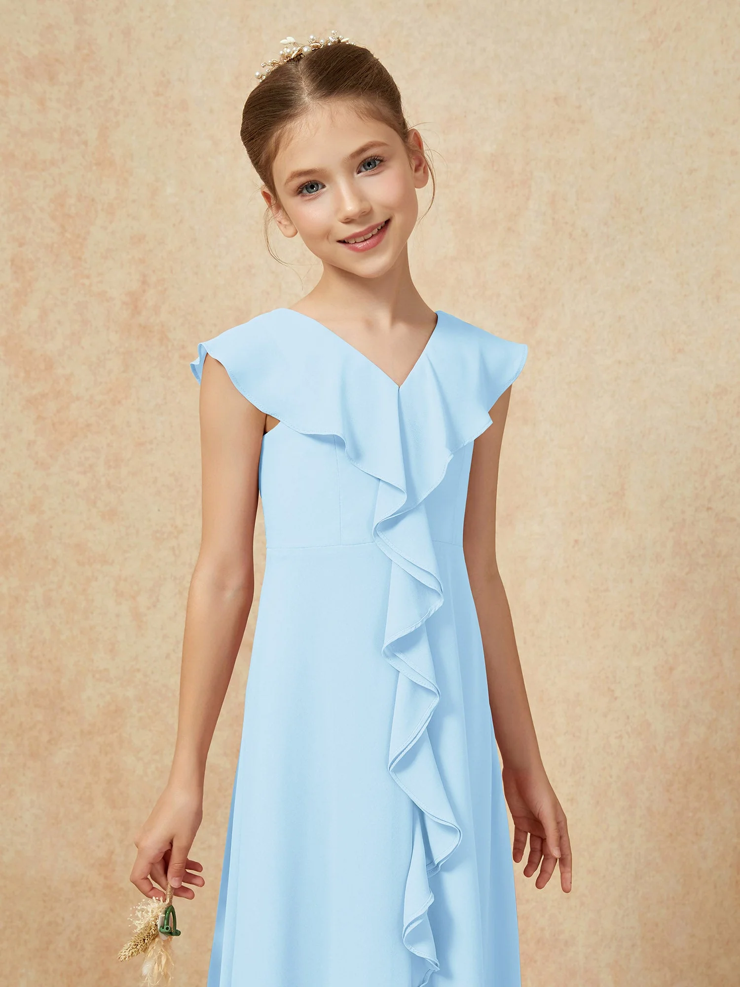 V-Ausschnitt Rüschen Chiffon Junge Brautjungfernkleider mit Schlitz Himmelblau - Image 6