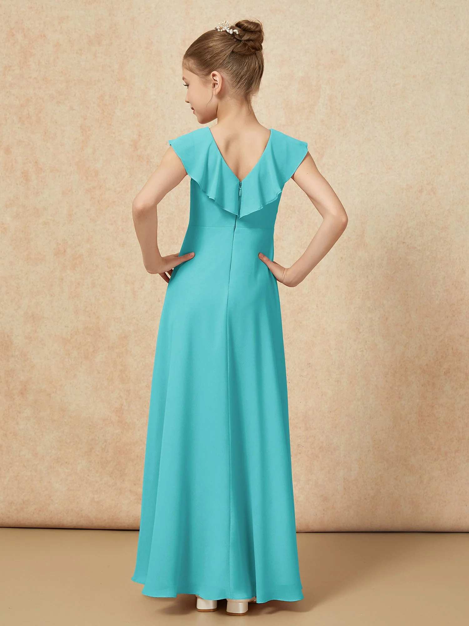 V-Ausschnitt Rüschen Chiffon Junge Brautjungfernkleider mit Schlitz Jade - Image 2