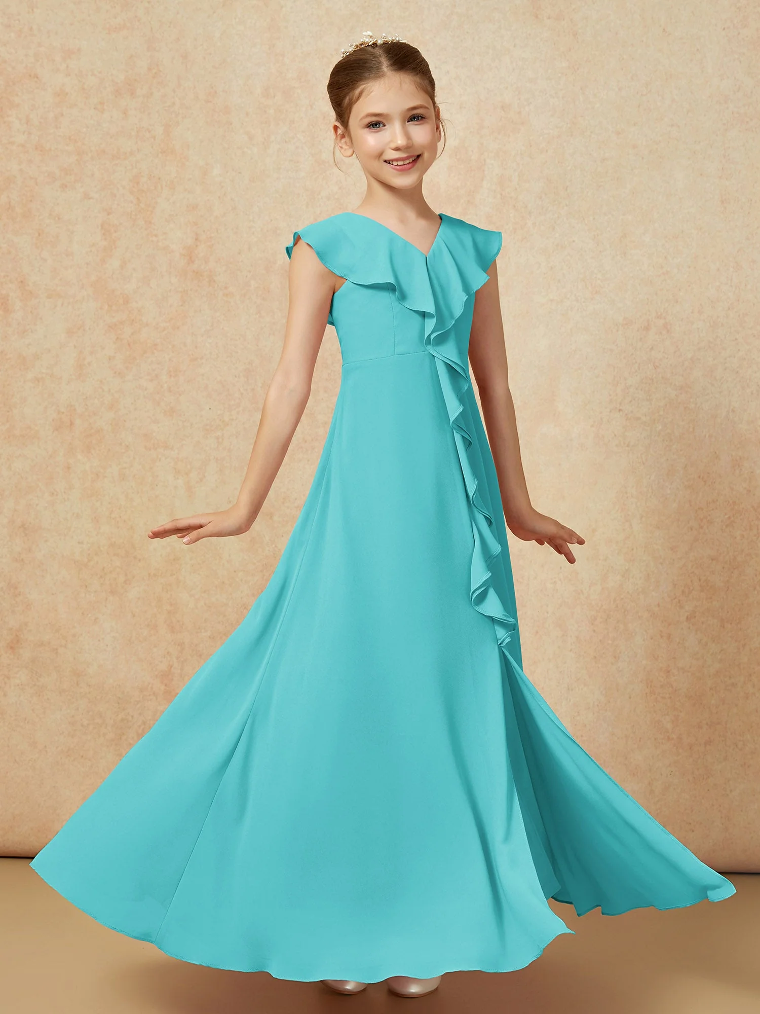 V-Ausschnitt Rüschen Chiffon Junge Brautjungfernkleider mit Schlitz Jade - Image 3