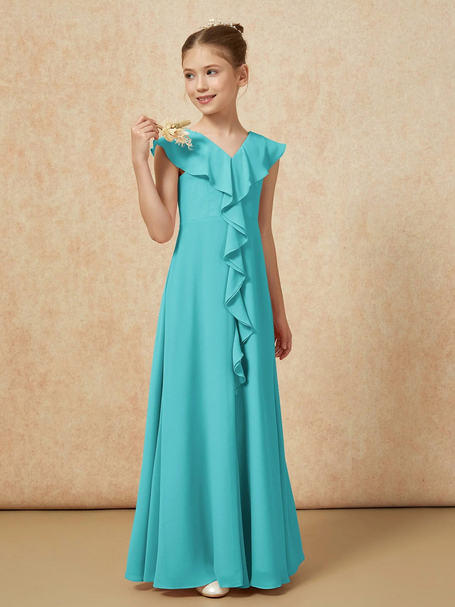 V-Ausschnitt Rüschen Chiffon Junge Brautjungfernkleider mit Schlitz Jade - Image 4