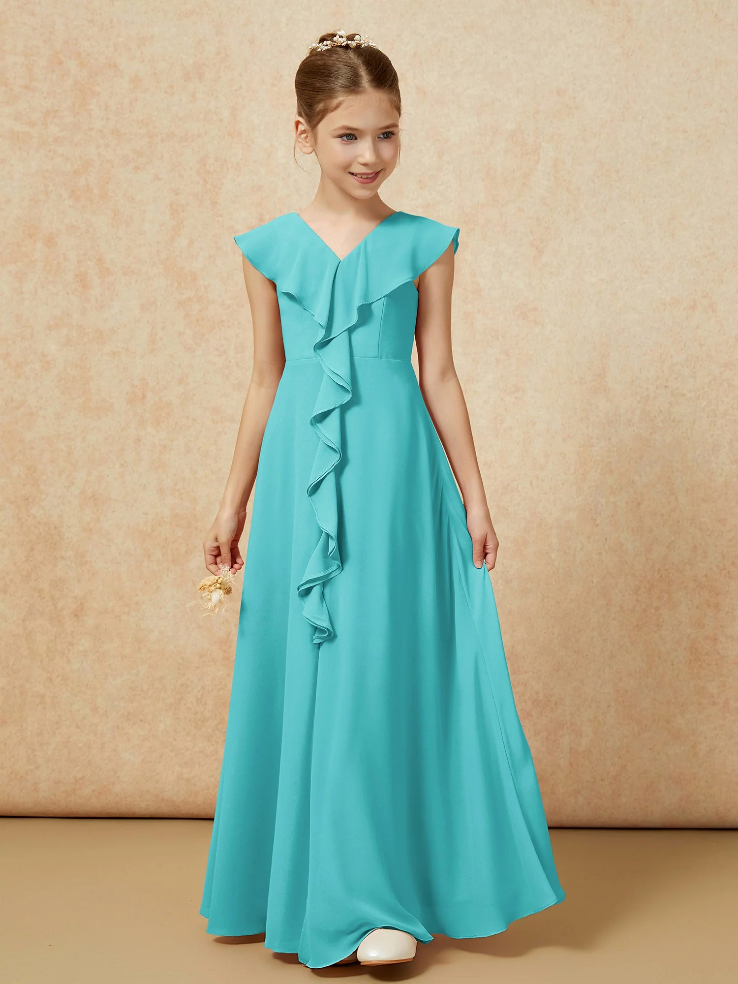 V-Ausschnitt Rüschen Chiffon Junge Brautjungfernkleider mit Schlitz Jade - Image 5