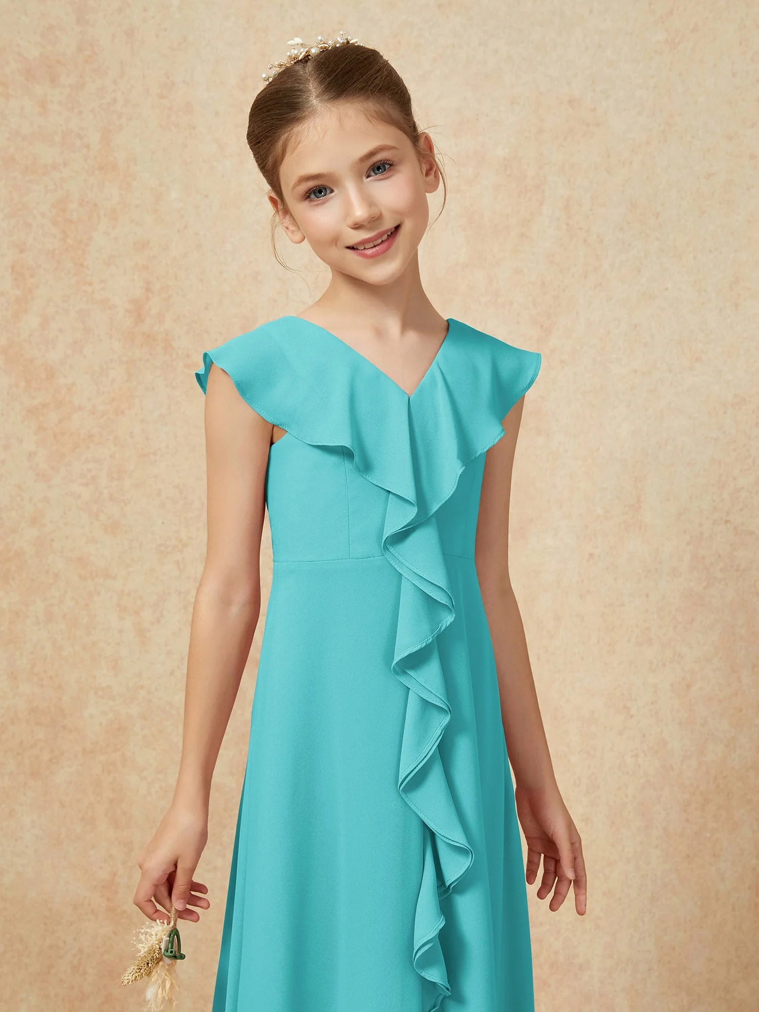 V-Ausschnitt Rüschen Chiffon Junge Brautjungfernkleider mit Schlitz Jade - Image 6