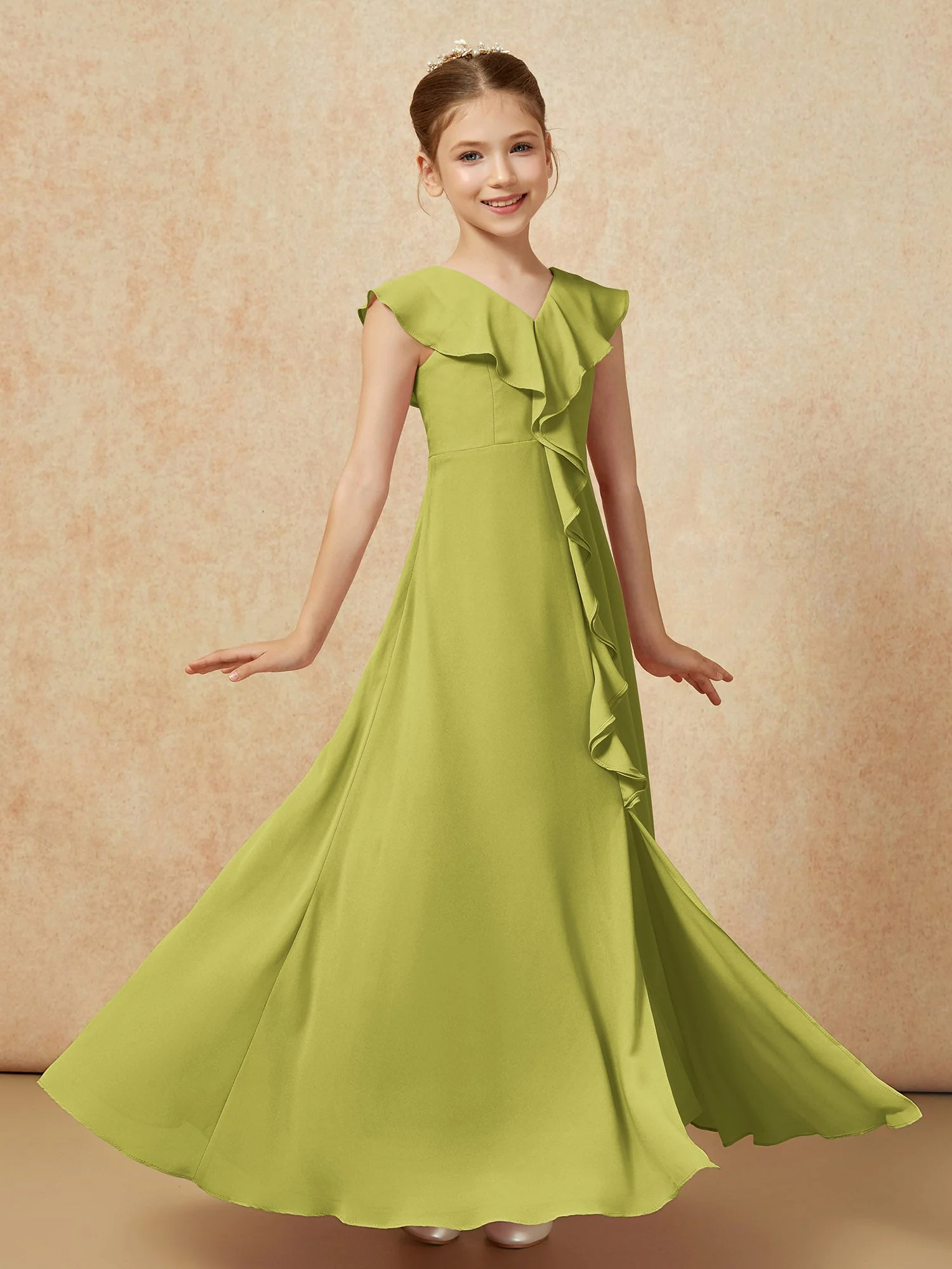 V-Ausschnitt Rüschen Chiffon Junge Brautjungfernkleider mit Schlitz Kleegrün - Image 3