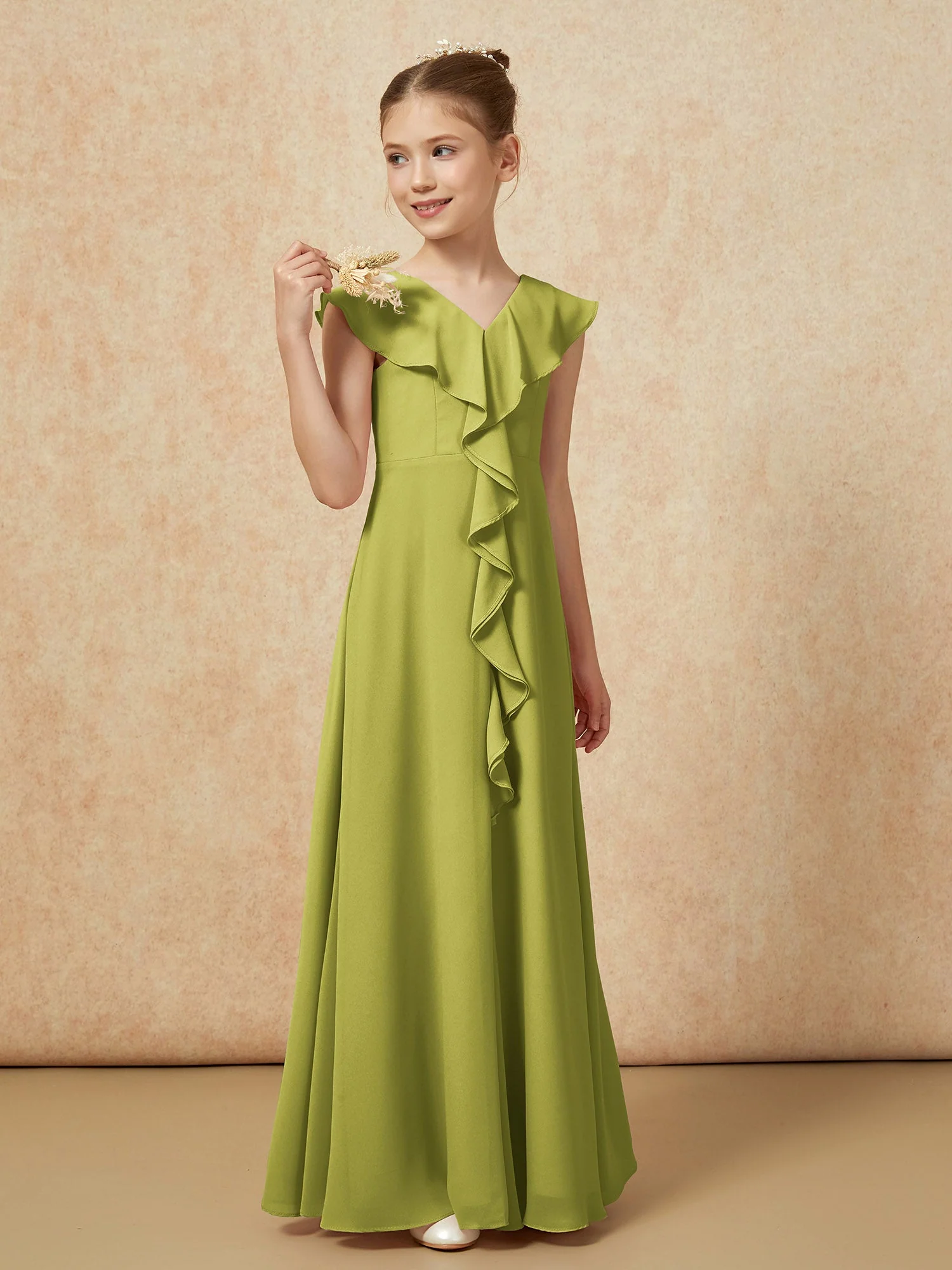 V-Ausschnitt Rüschen Chiffon Junge Brautjungfernkleider mit Schlitz Kleegrün - Image 4