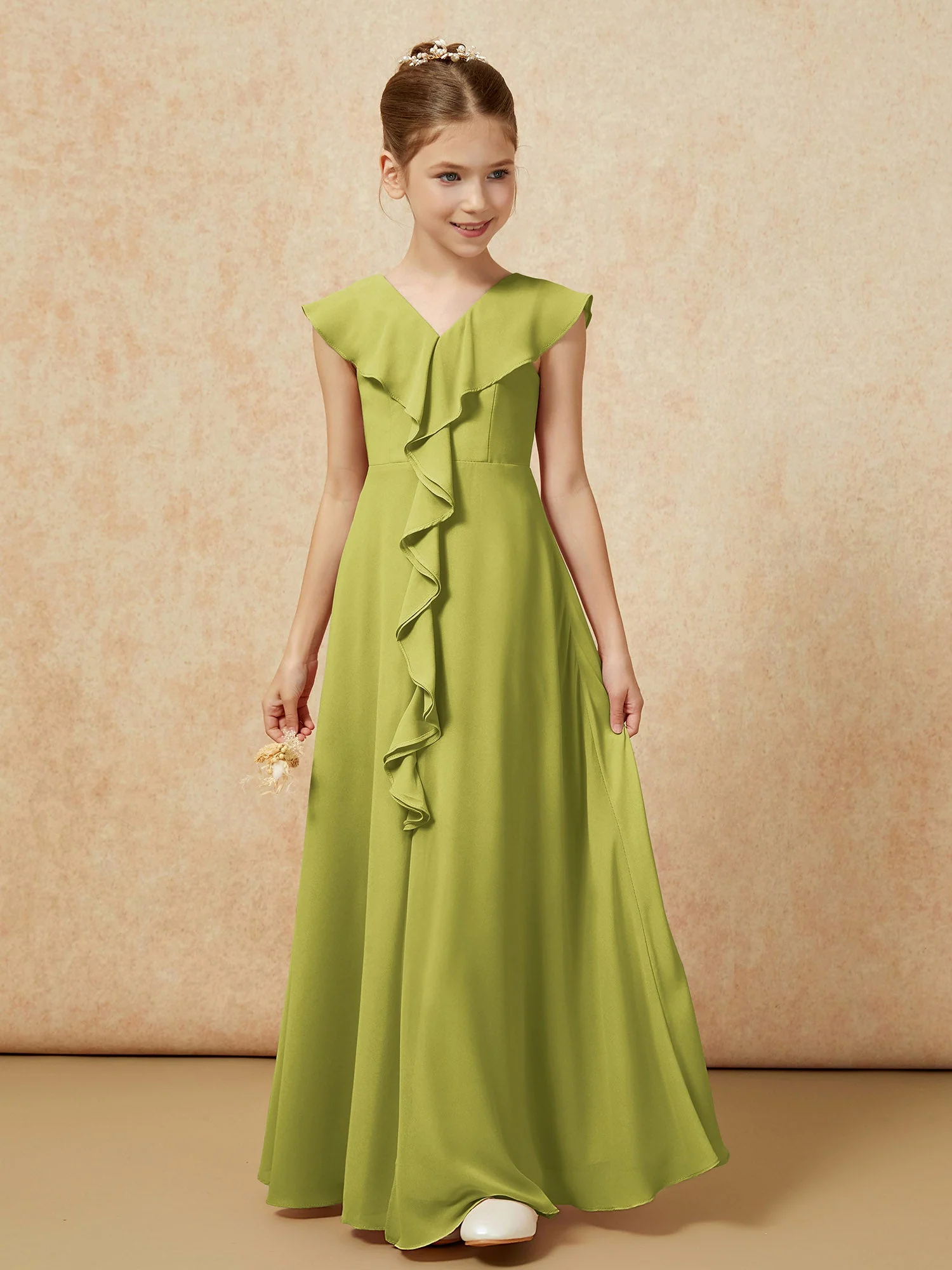V-Ausschnitt Rüschen Chiffon Junge Brautjungfernkleider mit Schlitz Kleegrün - Image 5