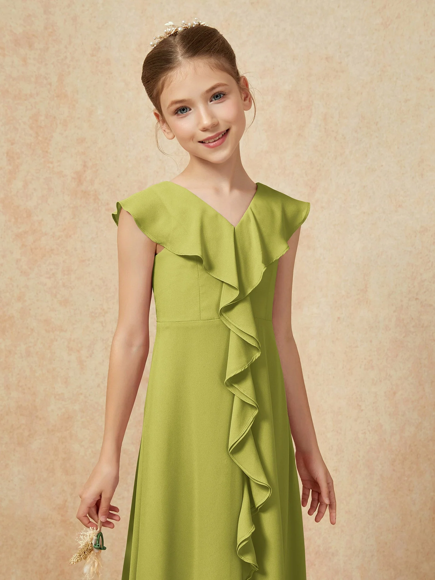 V-Ausschnitt Rüschen Chiffon Junge Brautjungfernkleider mit Schlitz Kleegrün - Image 6