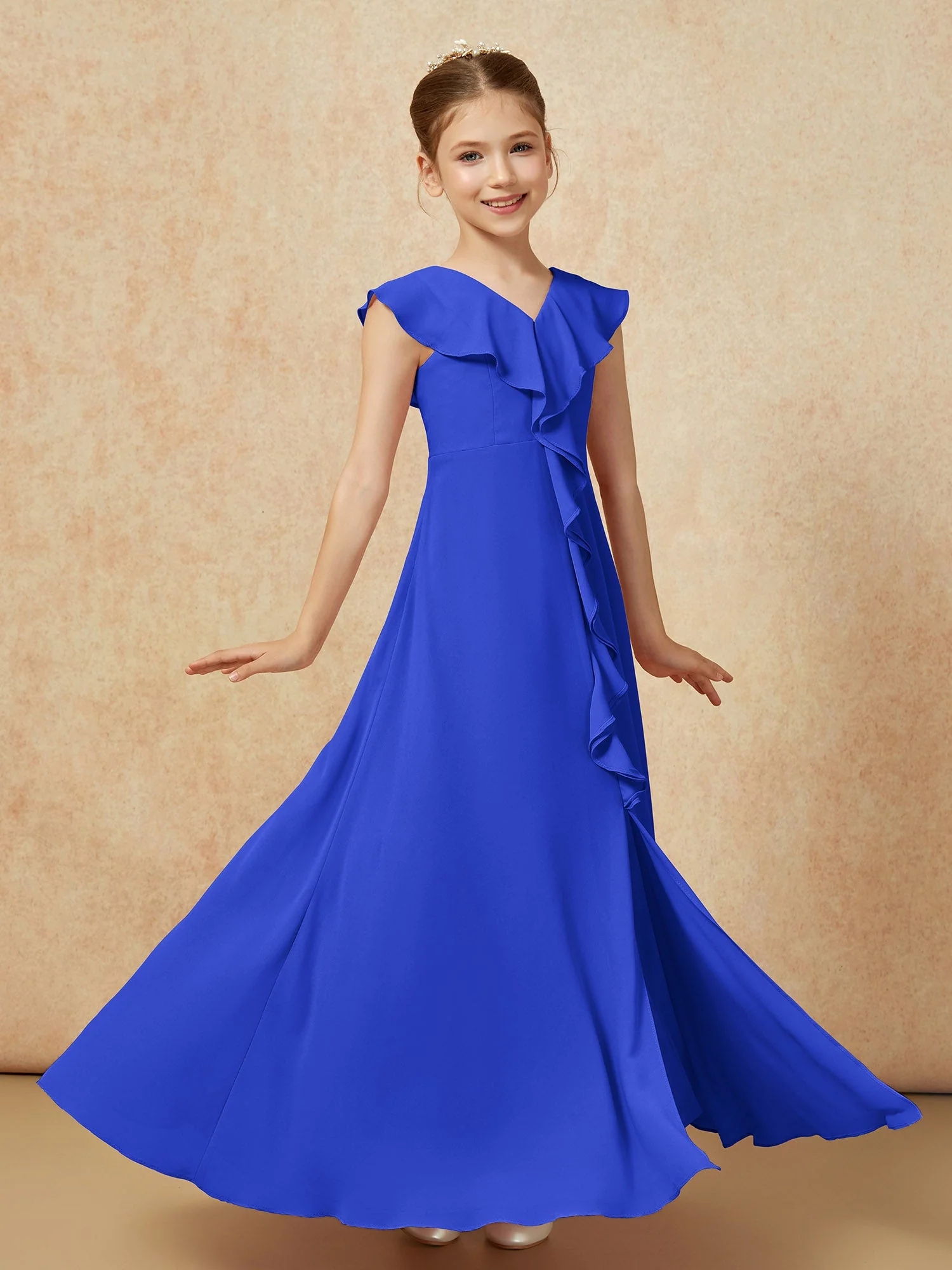 V-Ausschnitt Rüschen Chiffon Junge Brautjungfernkleider mit Schlitz Königsblau - Image 3