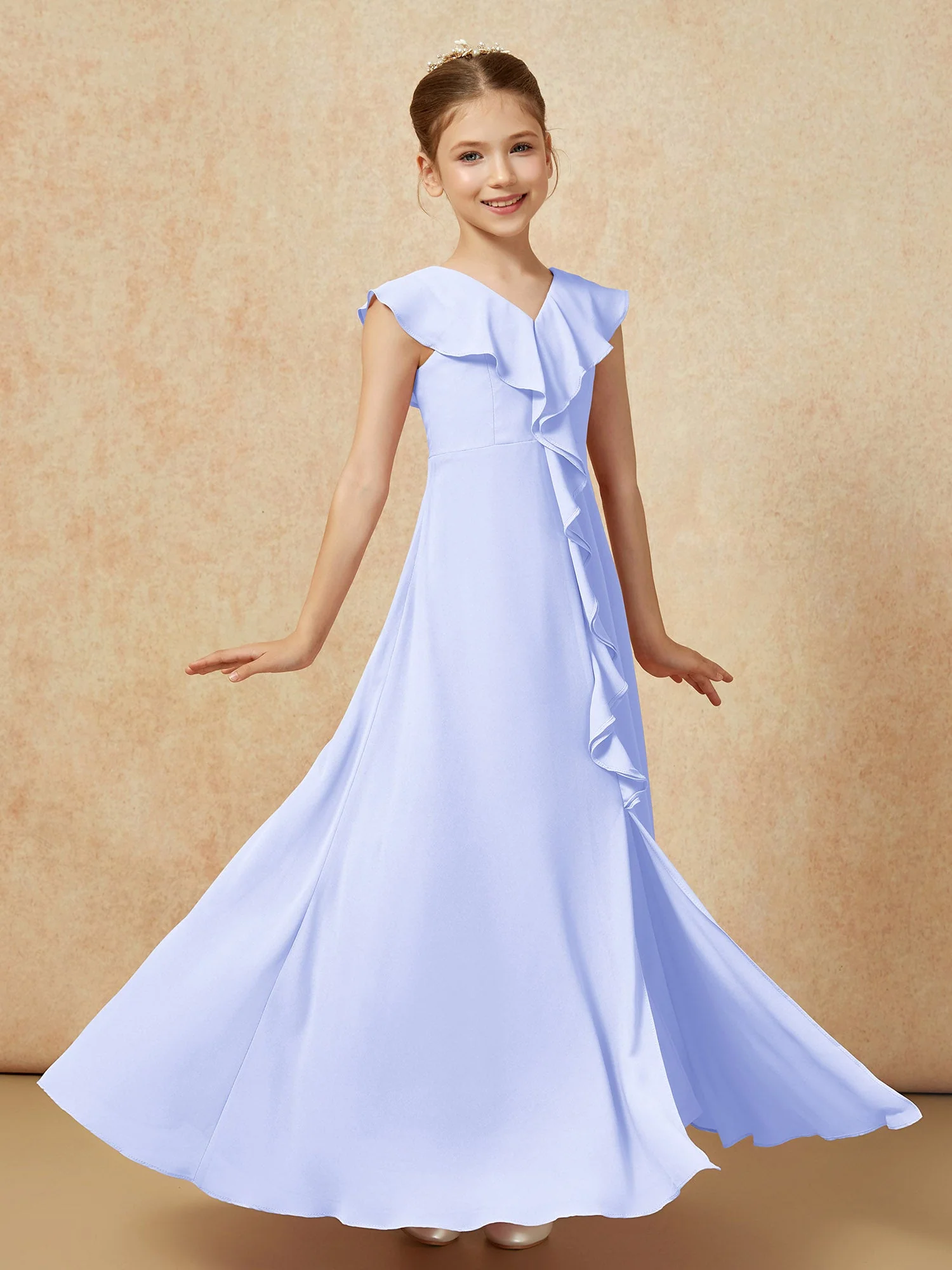 V-Ausschnitt Rüschen Chiffon Junge Brautjungfernkleider mit Schlitz Lavendel - Image 3