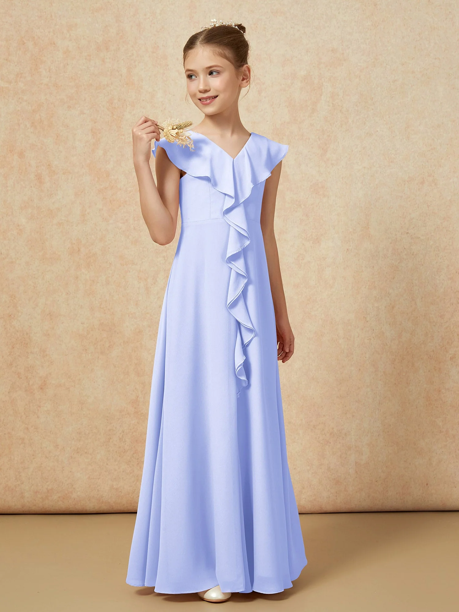 V-Ausschnitt Rüschen Chiffon Junge Brautjungfernkleider mit Schlitz Lavendel - Image 4